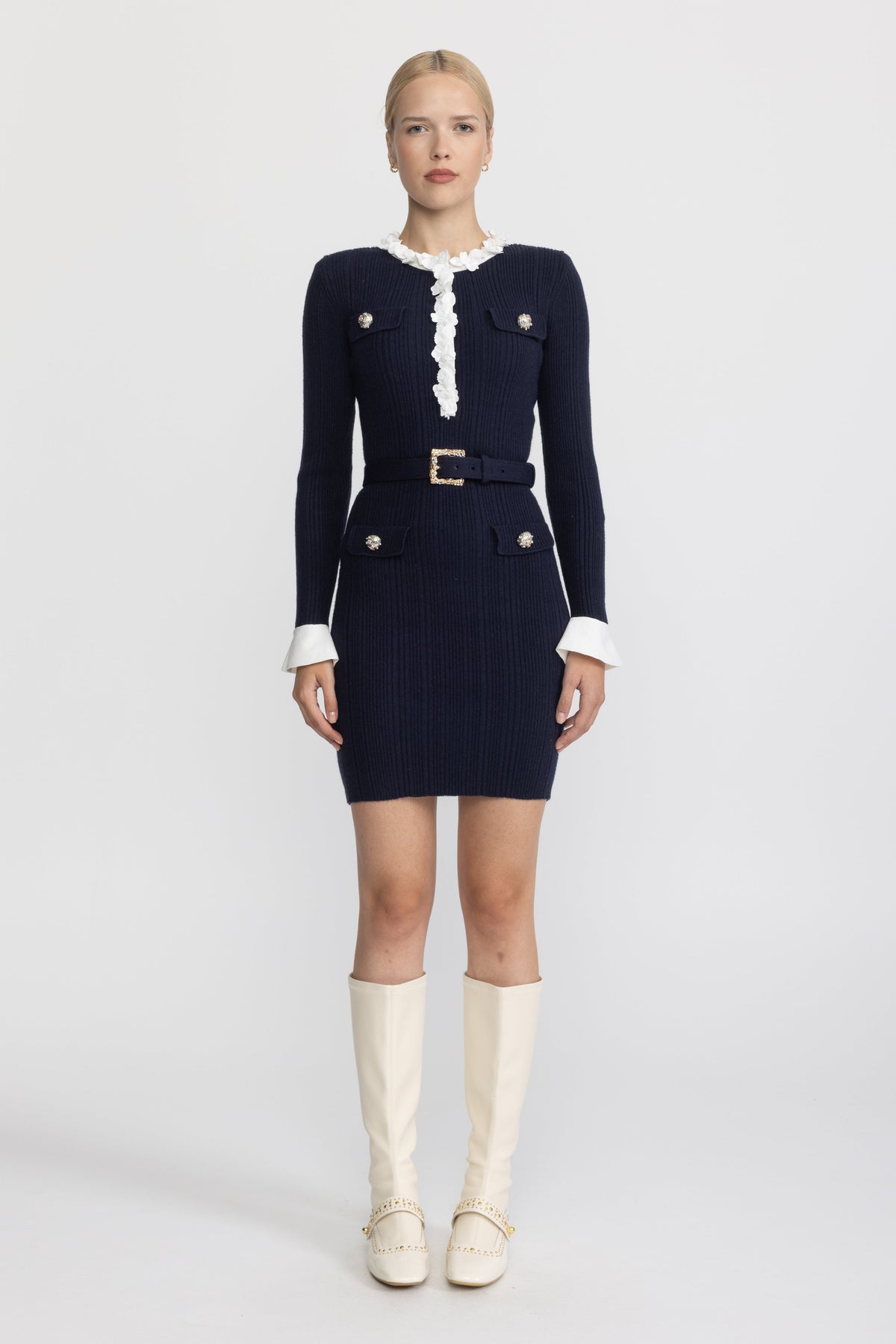 Pernelle Navy Floral Ruffle Rib Knit Belted Mini Dress