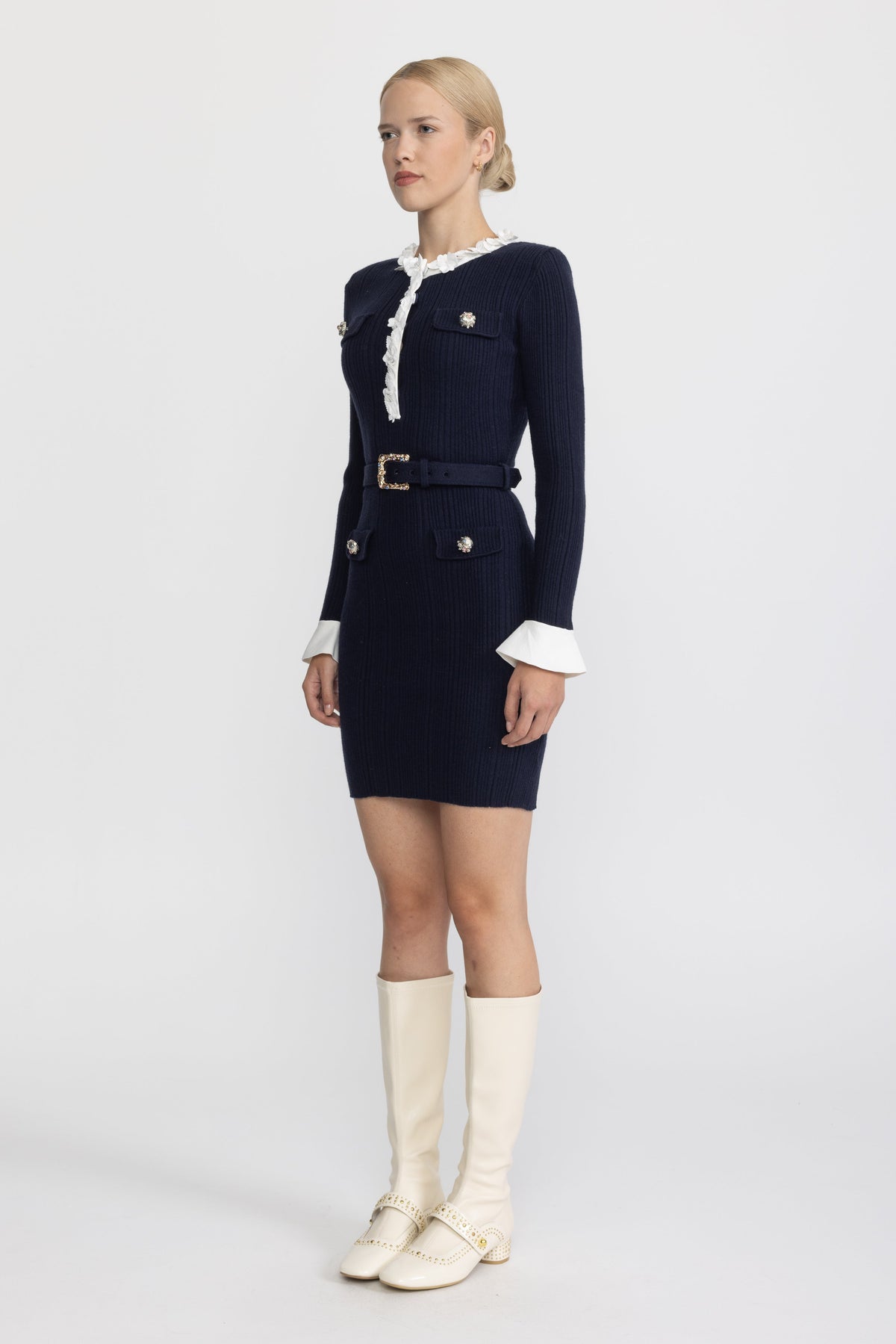 Pernelle Navy Floral Ruffle Rib Knit Belted Mini Dress