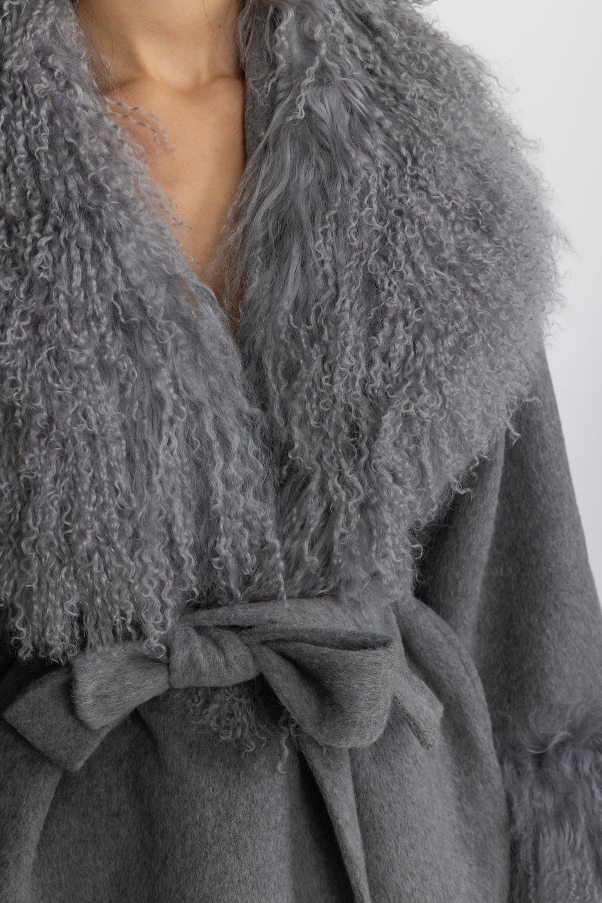 Odette Grey Belted Wool Jacket With Curly Fur-Effect Collar And Cuffs