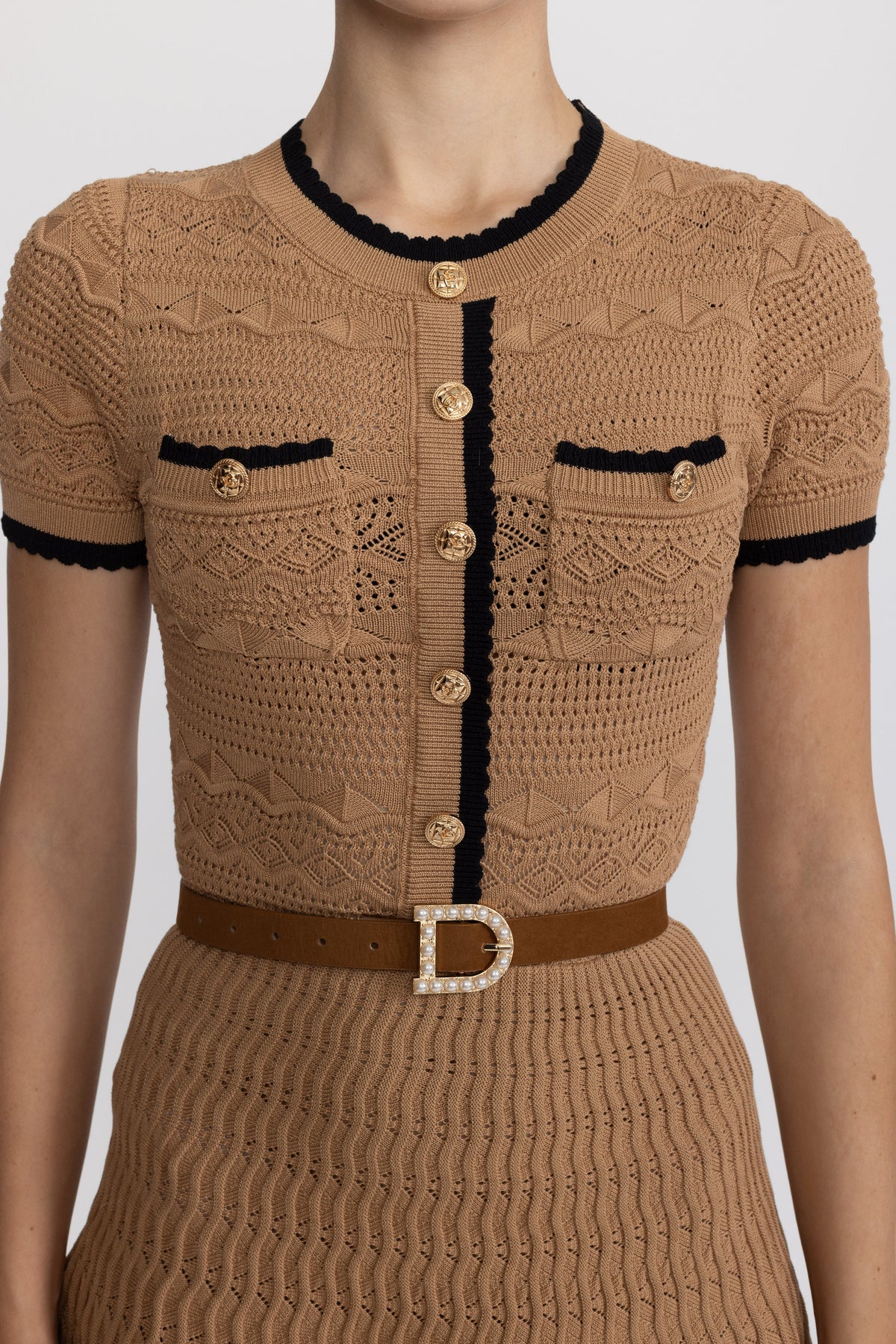 Tiffaine Camel Pointelle Knit Belted Mini Dress with Contrast Trim