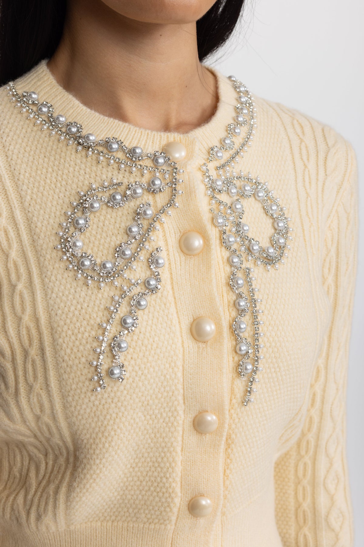 Pearl Bow Embellished Cable Knit Cardigan - Yellow