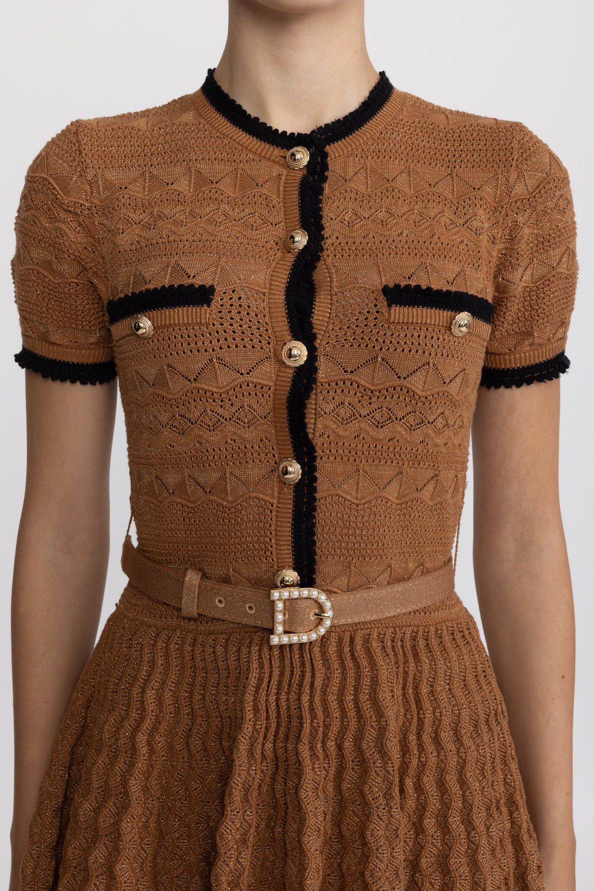 Rosine Caramel Metallic Pointelle Knit Belted Dress with Contrast Trim