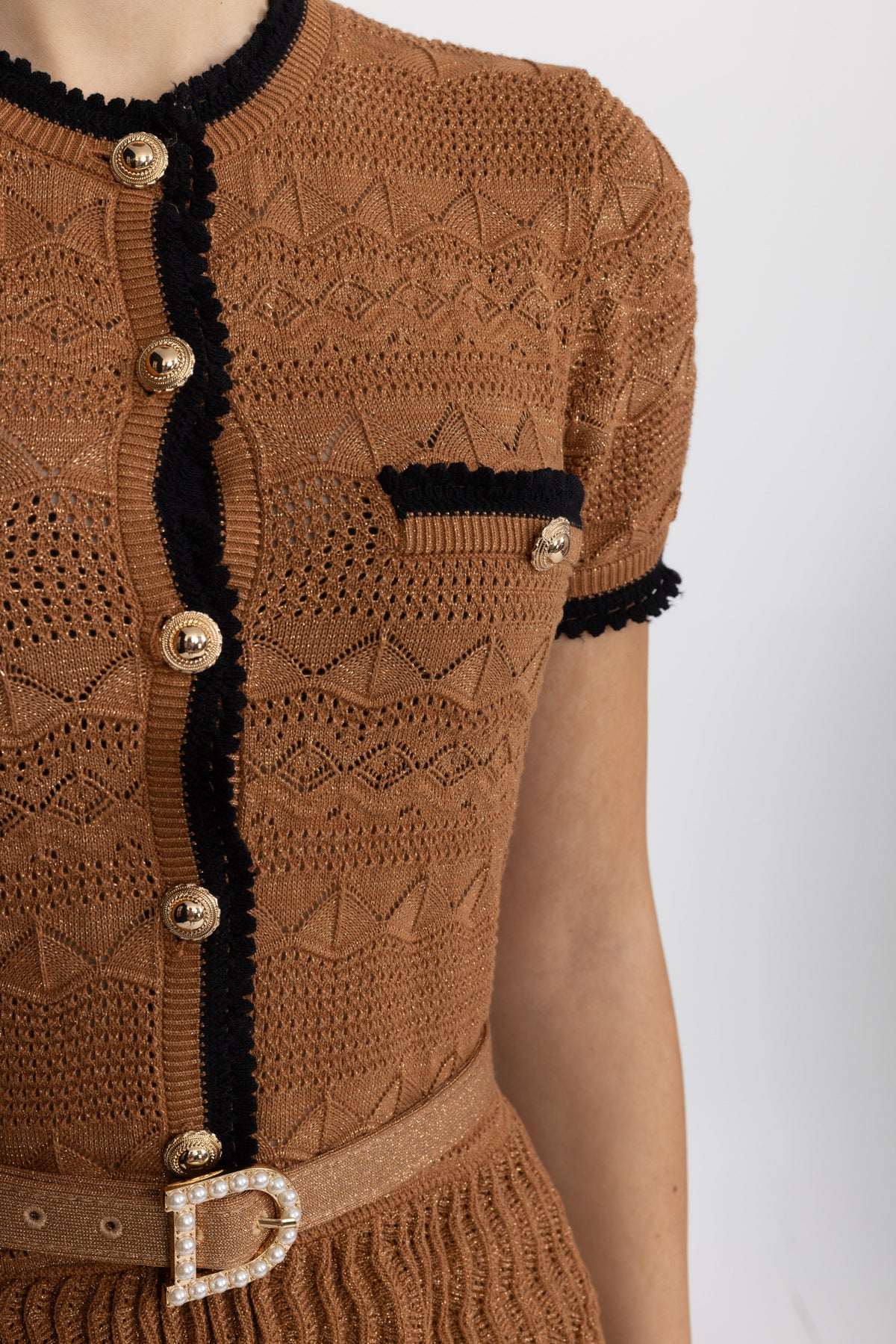 Rosine Caramel Metallic Pointelle Knit Belted Dress with Contrast Trim