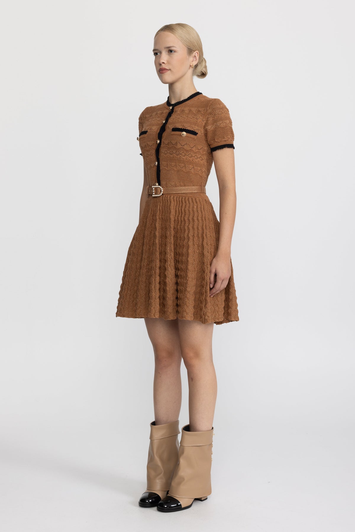 Rosine Caramel Metallic Pointelle Knit Belted Dress with Contrast Trim