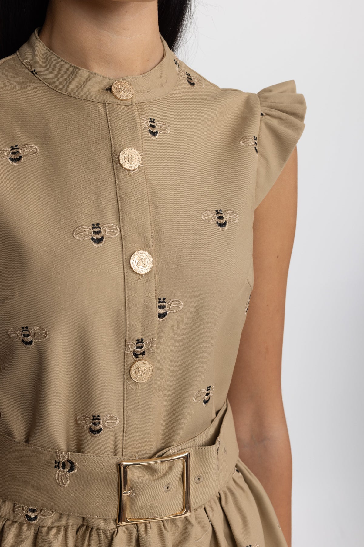 Valériane Khaki Bee Embroidered Belted Cotton Mini Dress