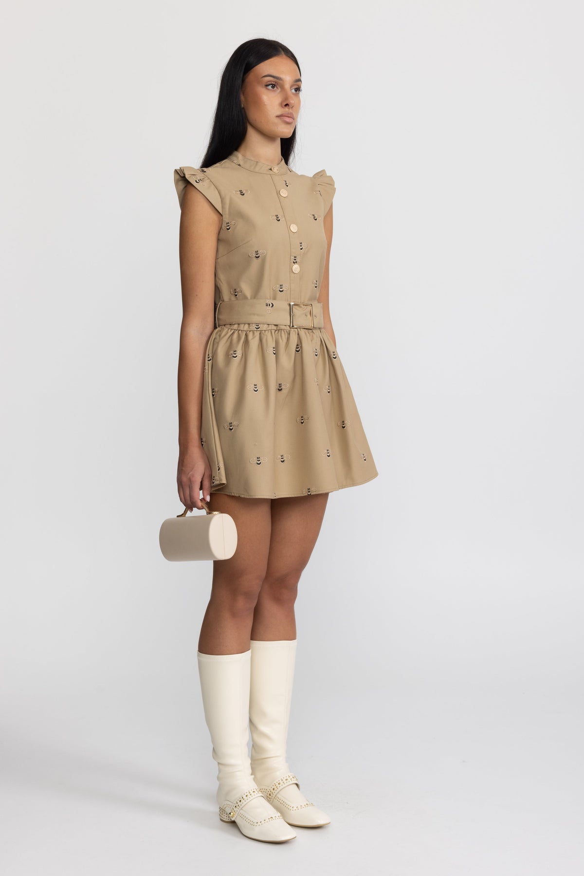 Valériane Khaki Bee Embroidered Belted Cotton Mini Dress
