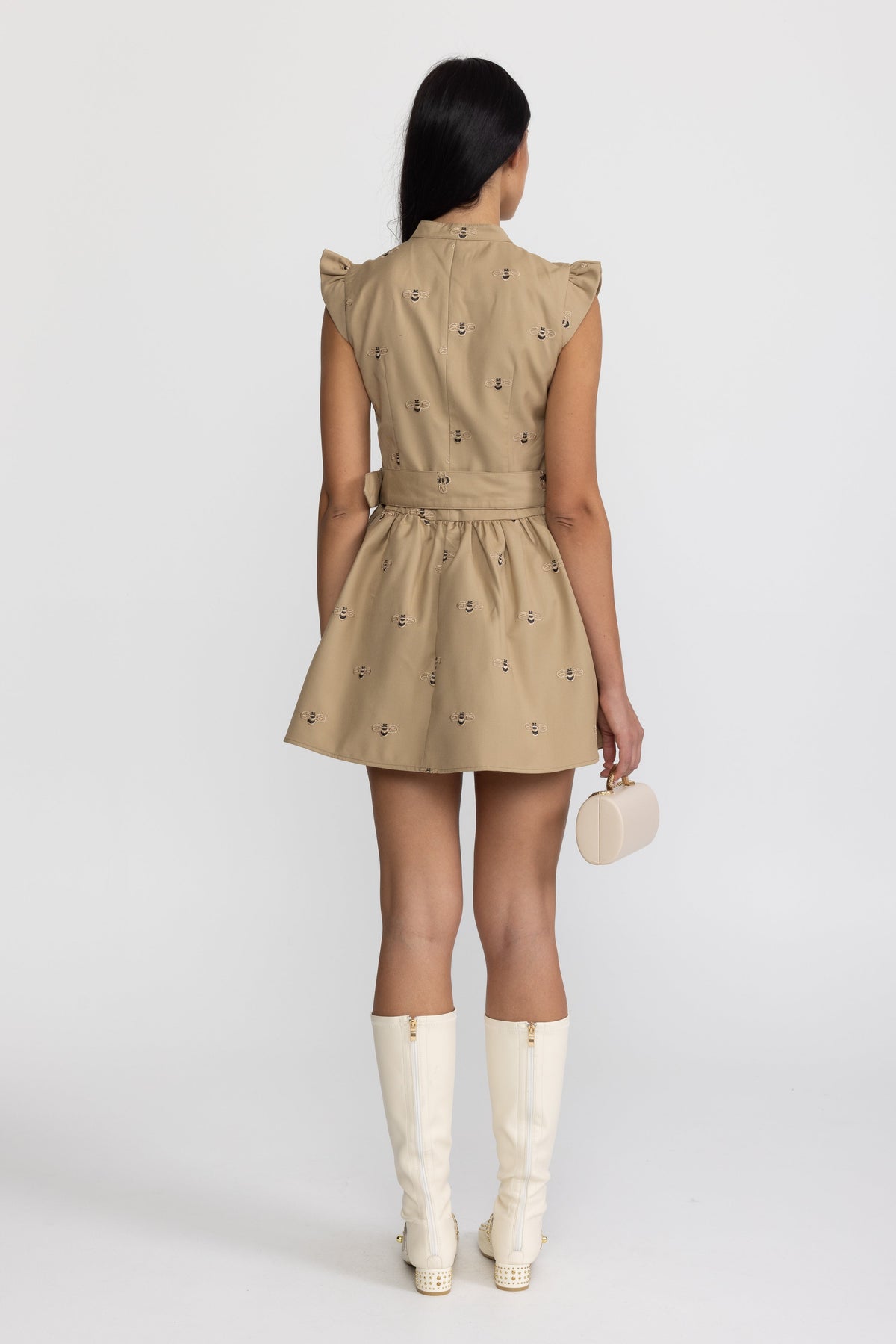 Valériane Khaki Bee Embroidered Belted Cotton Mini Dress
