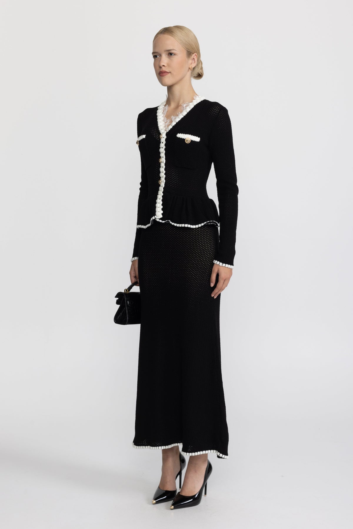 Théodora Black Lace Trim Crochet Knit Peplum Maxi Dress
