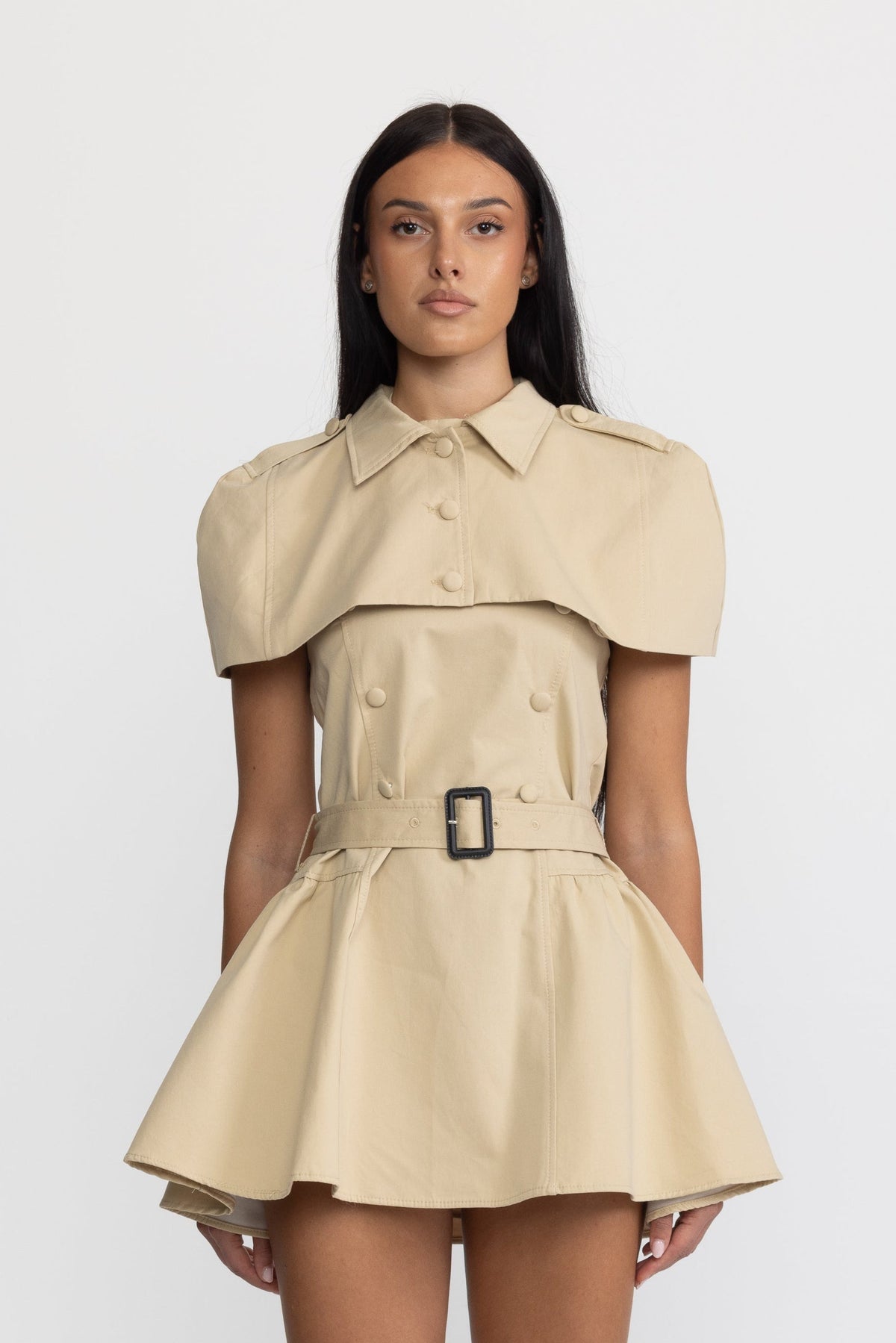 Rosemonde Khaki Halter Trench Mini Dress with Detachable Capelet
