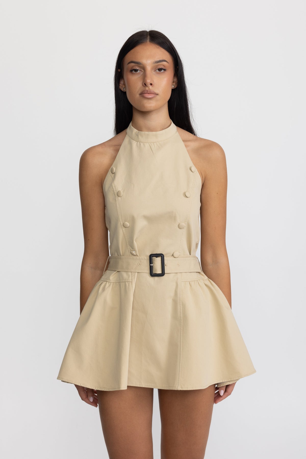 Rosemonde Khaki Halter Trench Mini Dress with Detachable Capelet