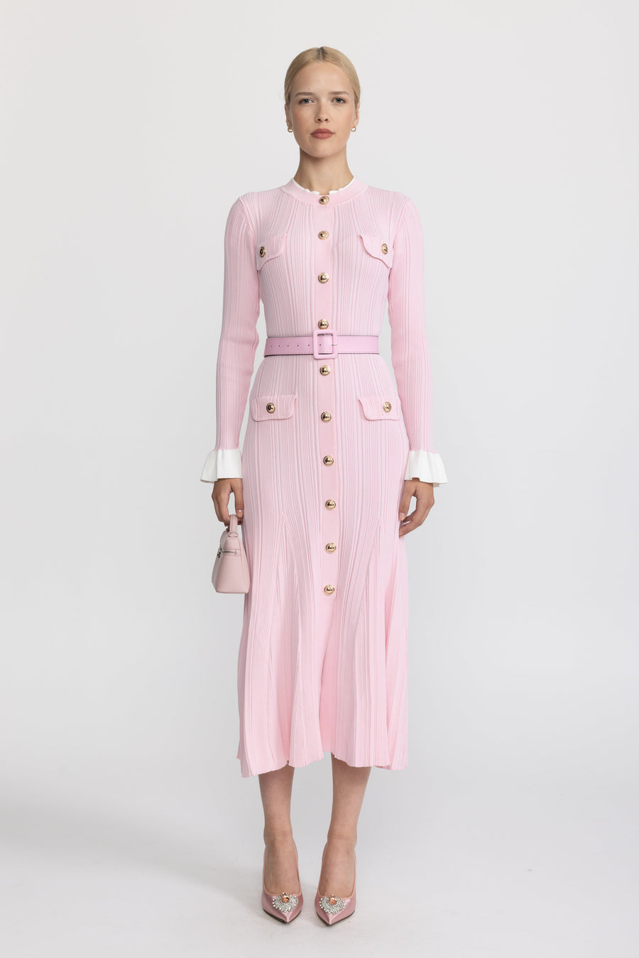 Marie-Ange Pink Belted Rib Knit Button-Front Midi Dress