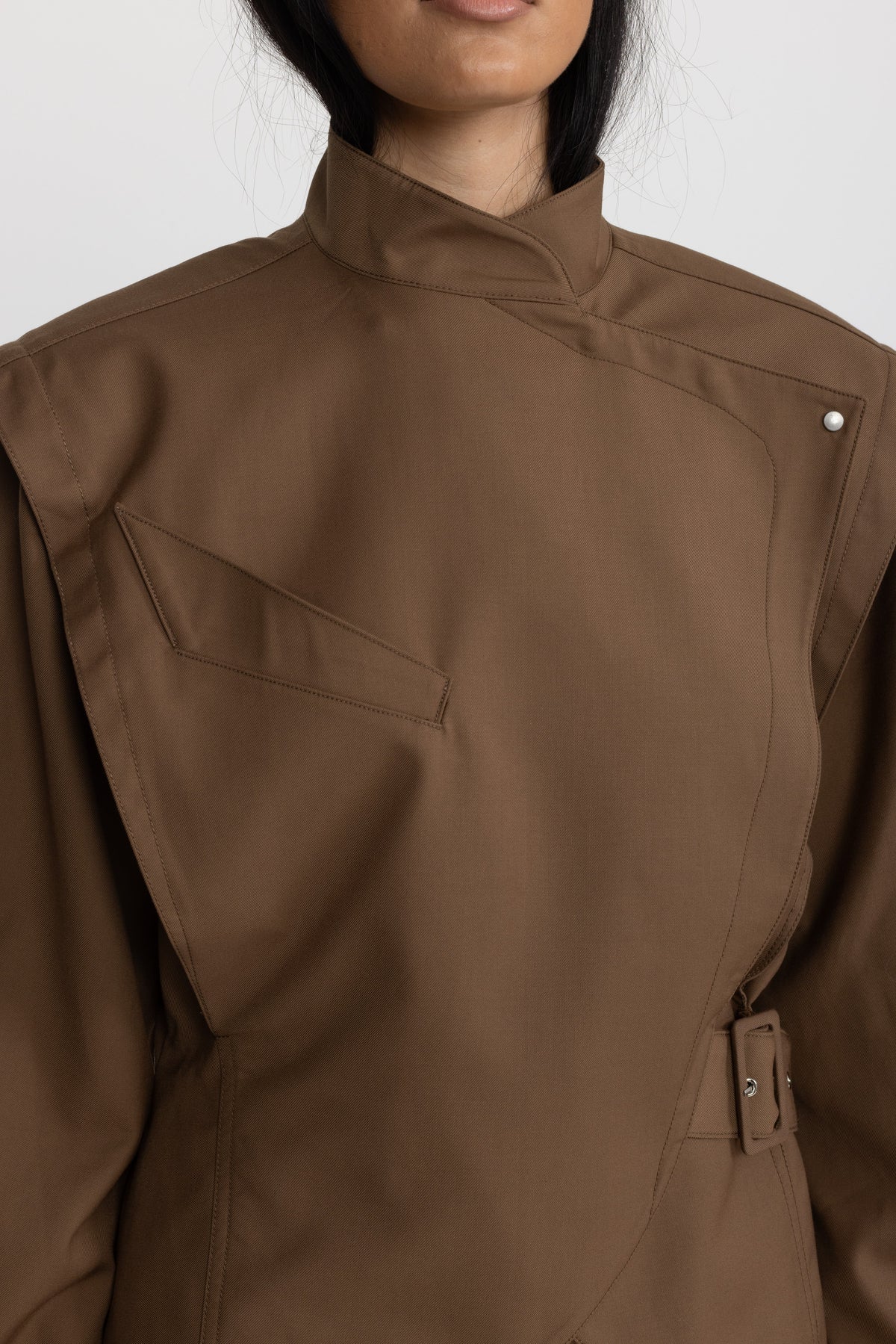 Structured Balloon Sleeve Wrap Jacket - Brown