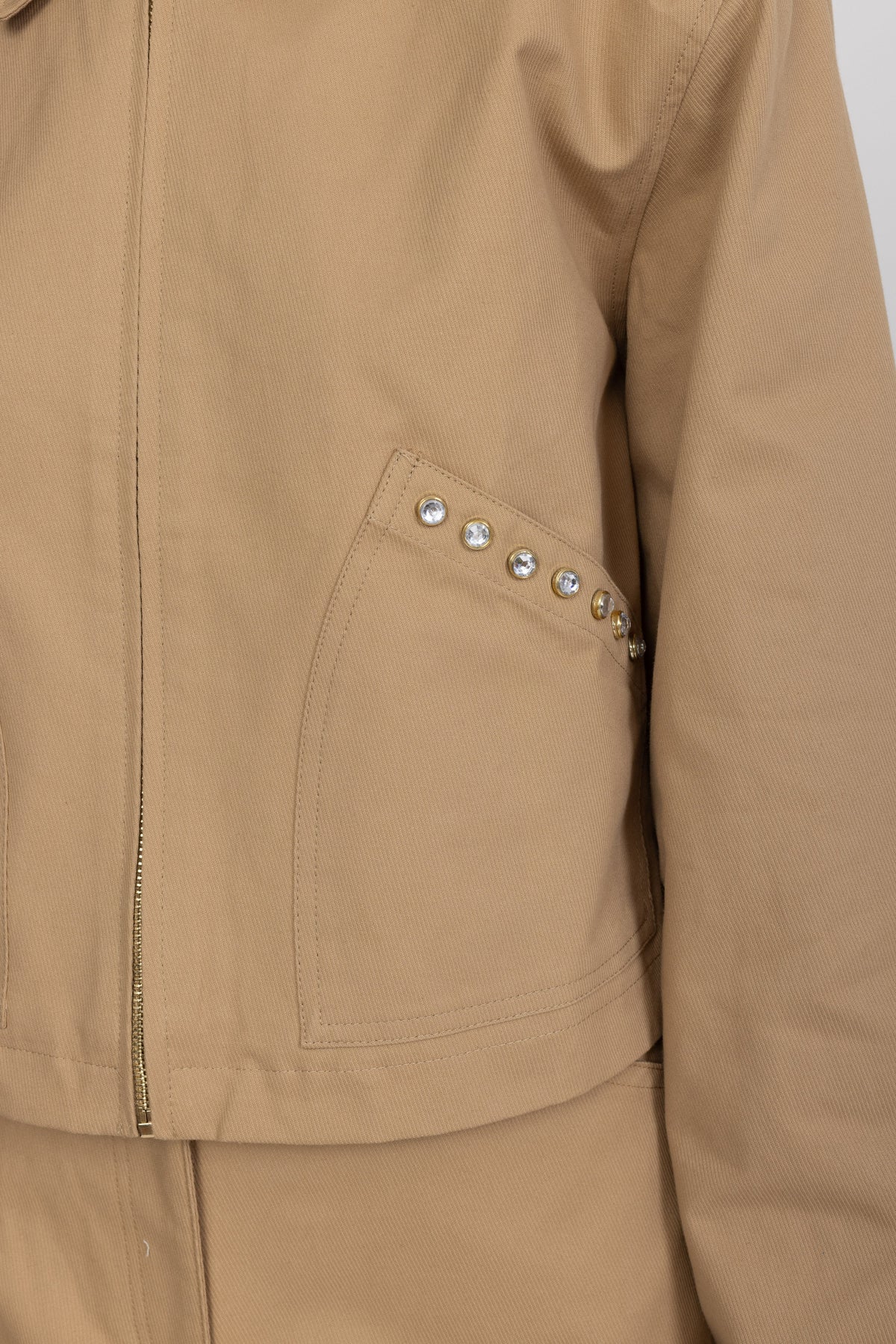 Servane Khaki Crystal Stud Cropped Canvas Zip Jacket