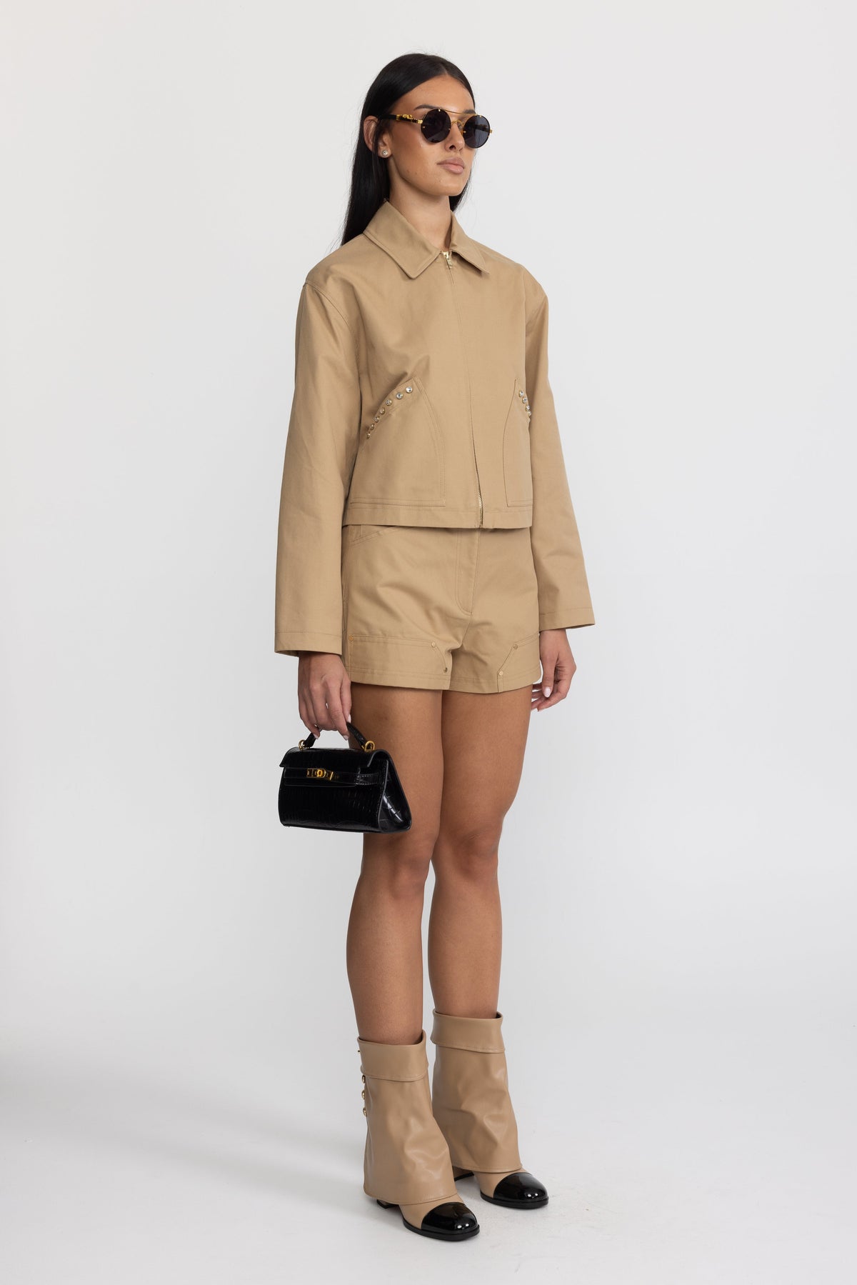 Servane Khaki Crystal Stud Cropped Canvas Zip Jacket