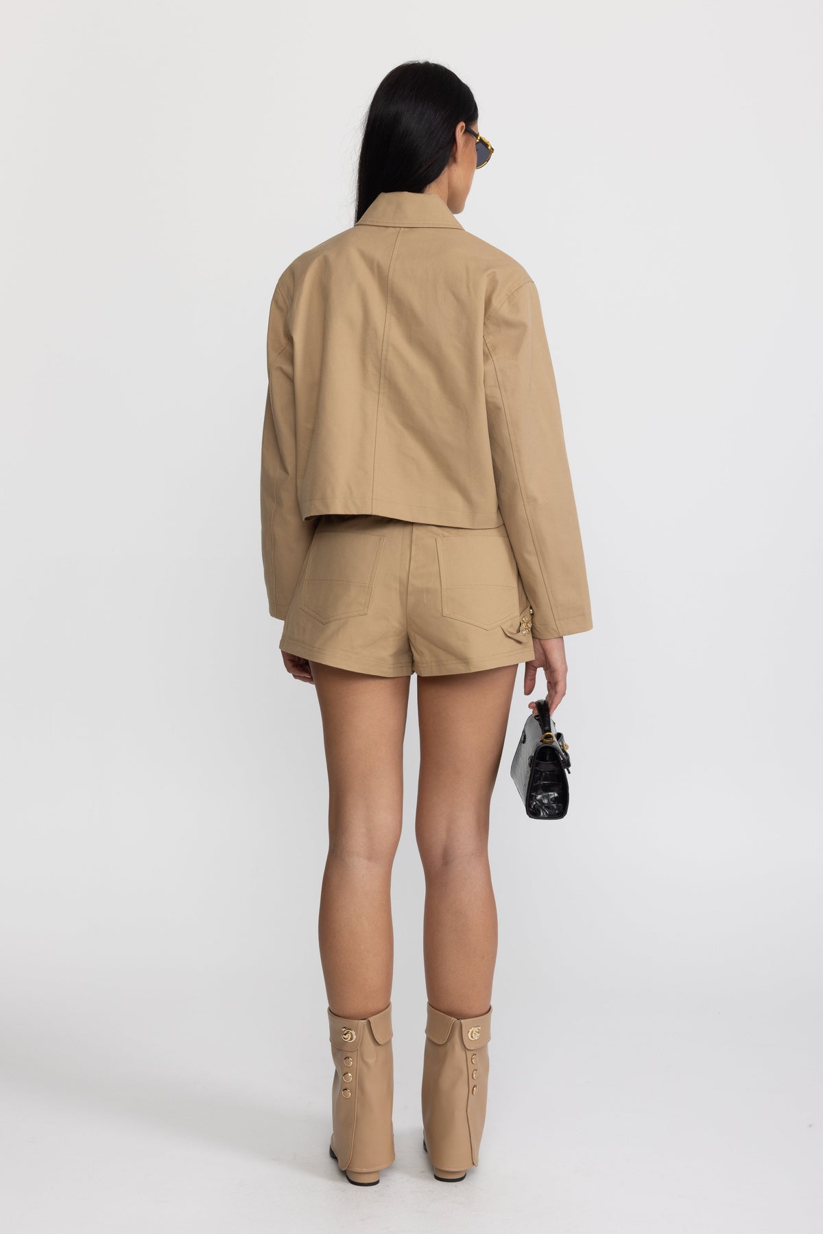 Mahaut Khaki High-Waisted Studded Panel Twill Shorts