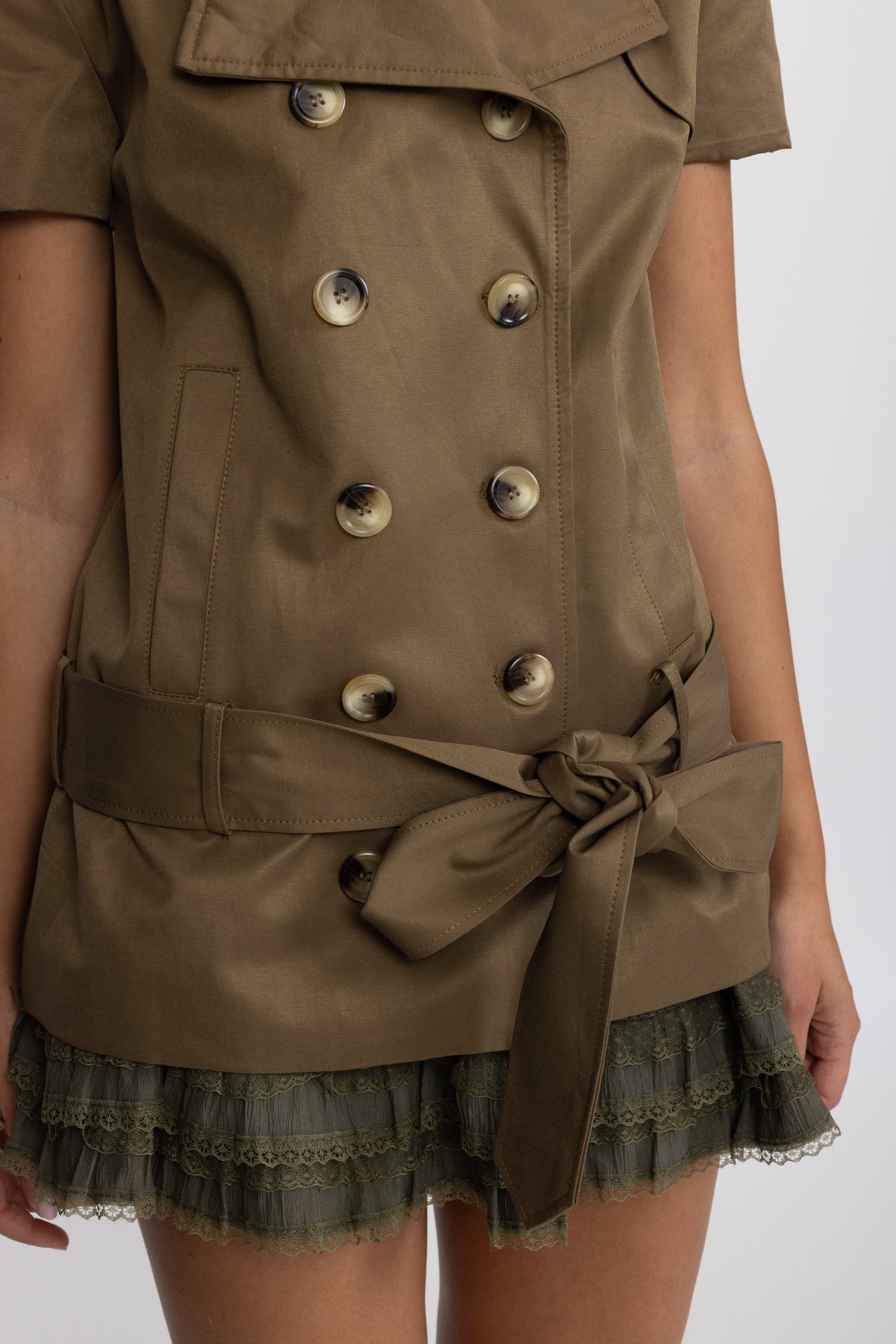 Vanina Olive Trench Top and Ruffle Hem Mini Skirt Co-ord Set