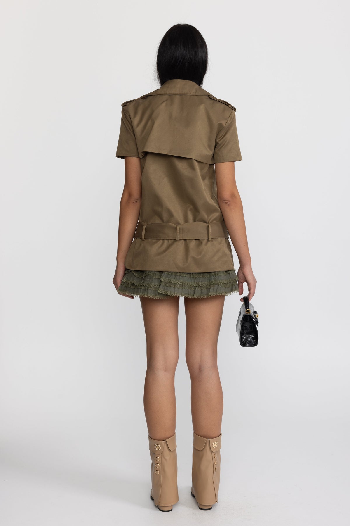 Vanina Olive Trench Top and Ruffle Hem Mini Skirt Co-ord Set