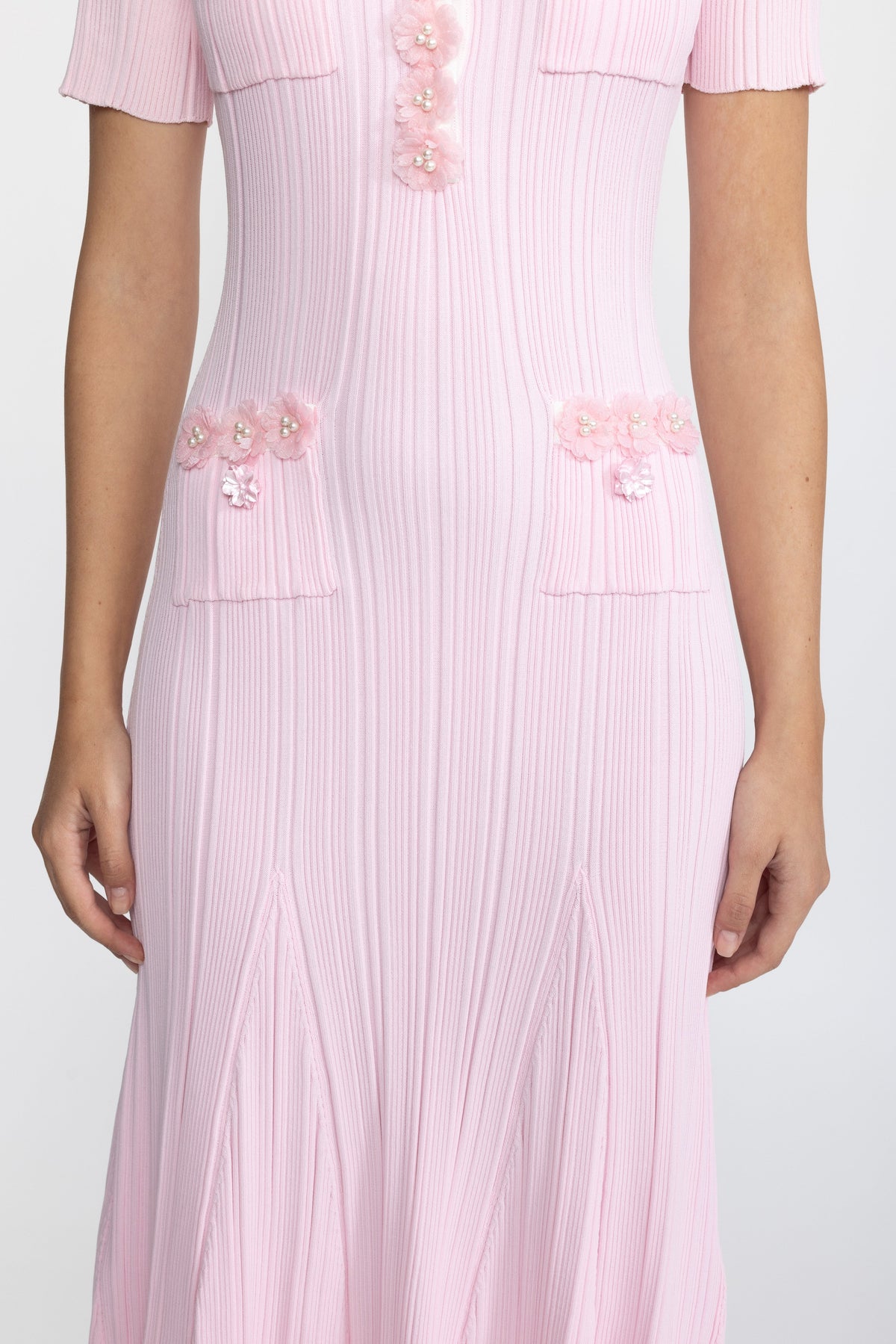Ribbed Knit Flower Appliqué Midi Dress - Pink