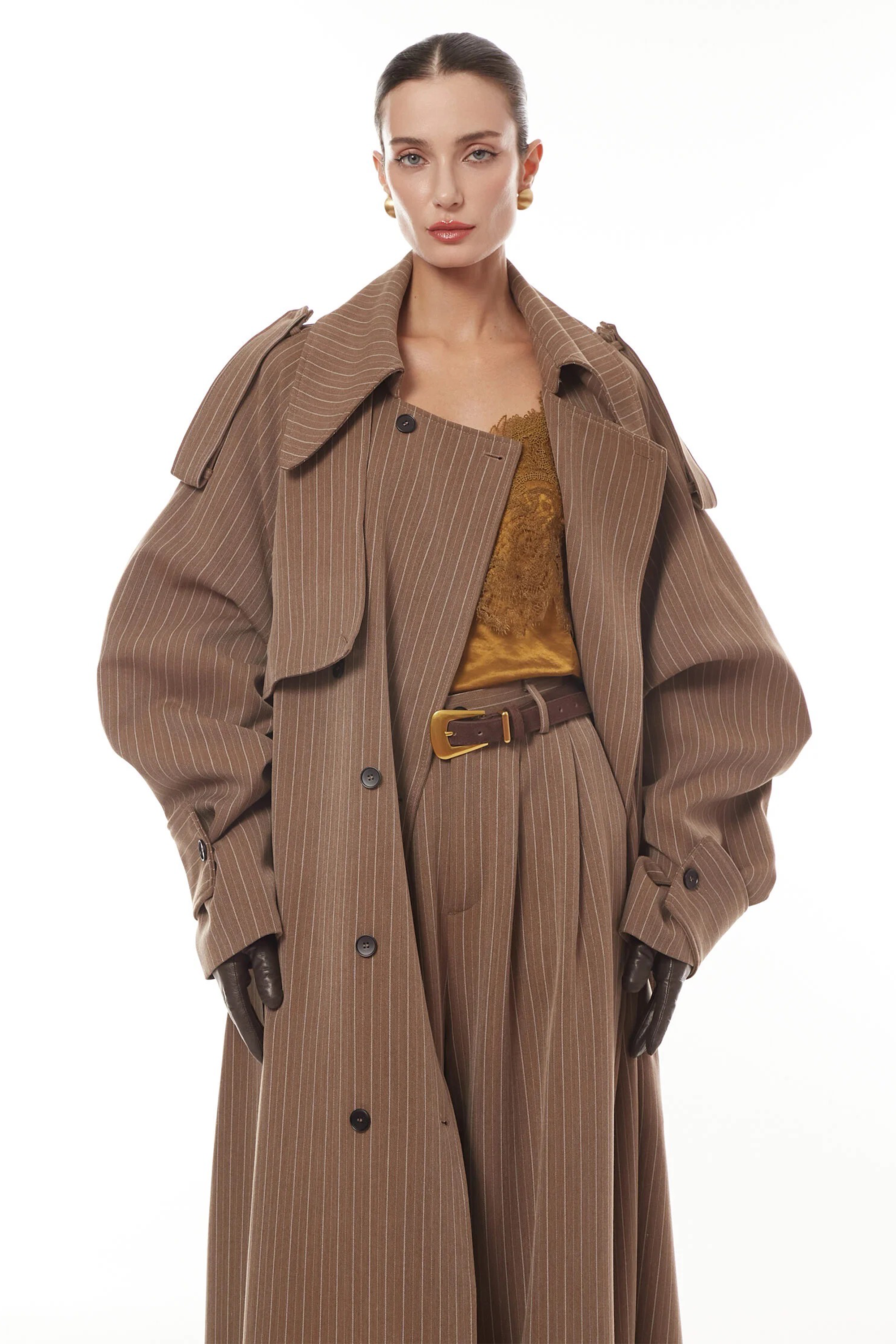 Clémence Brown Striped Trench Coat & Trousers Set