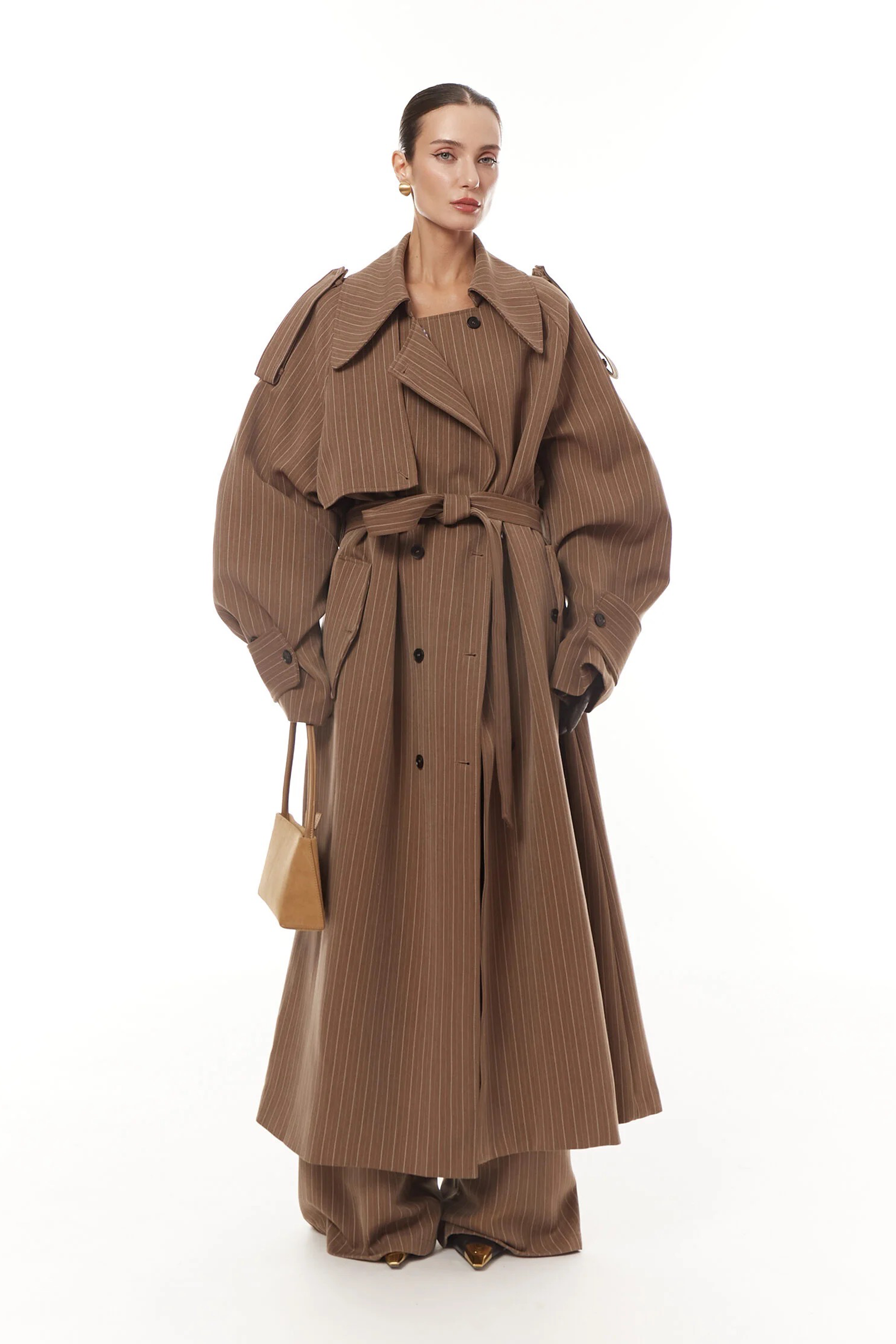 Clémence Brown Striped Trench Coat & Trousers Set