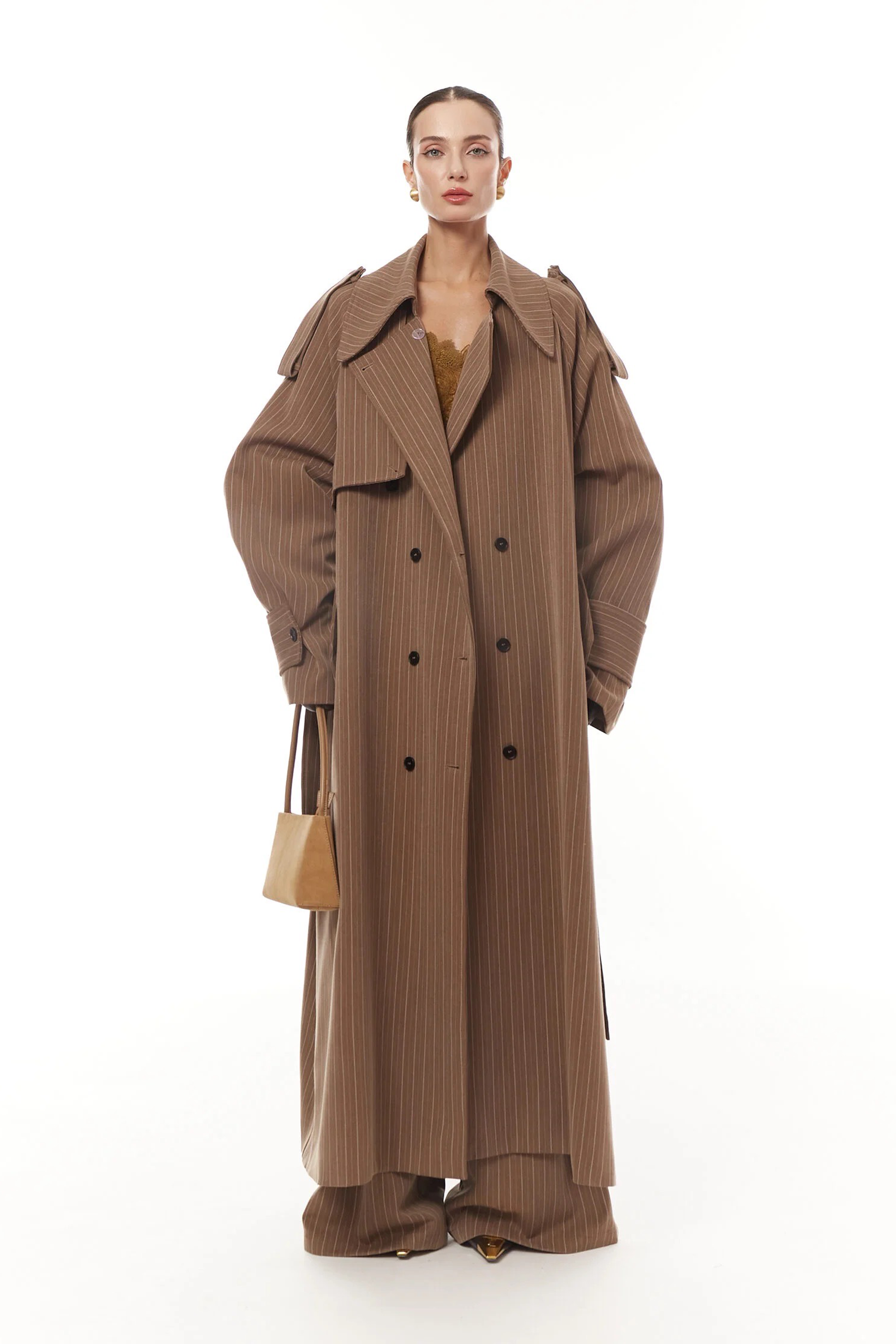Clémence Brown Striped Trench Coat & Trousers Set
