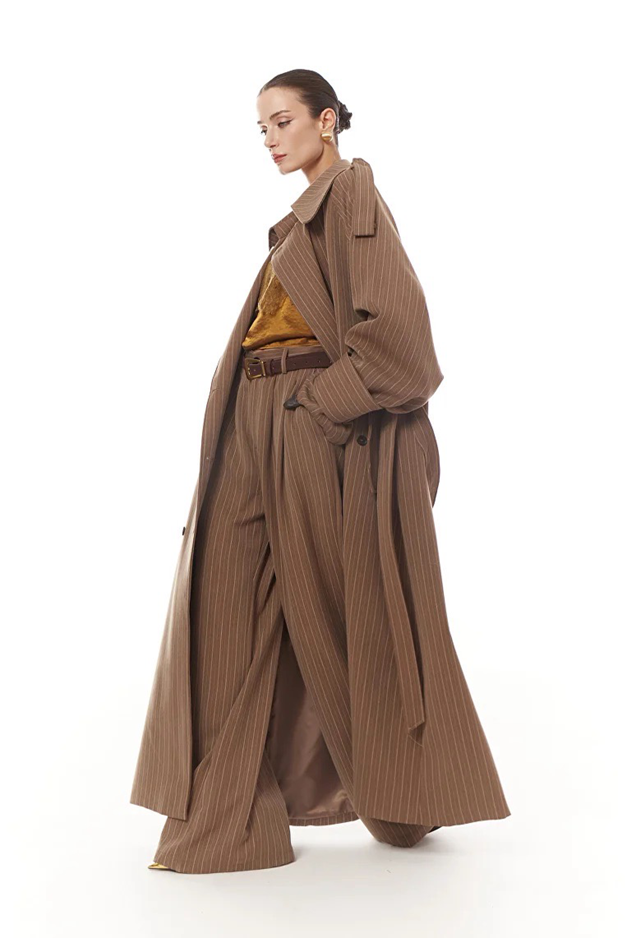 Clémence Brown Striped Trench Coat & Trousers Set