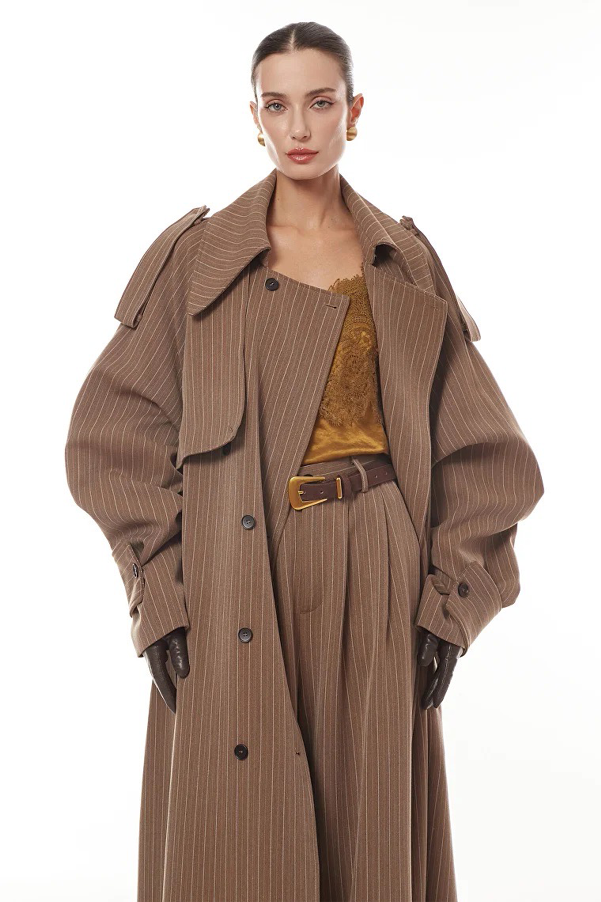 Clémence Brown Striped Trench Coat & Trousers Set