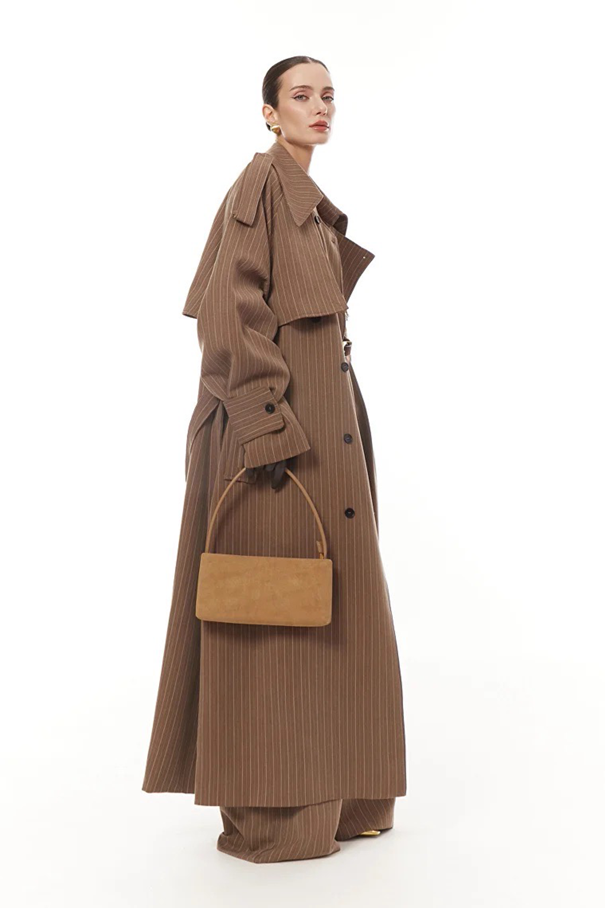 Clémence Brown Striped Trench Coat & Trousers Set