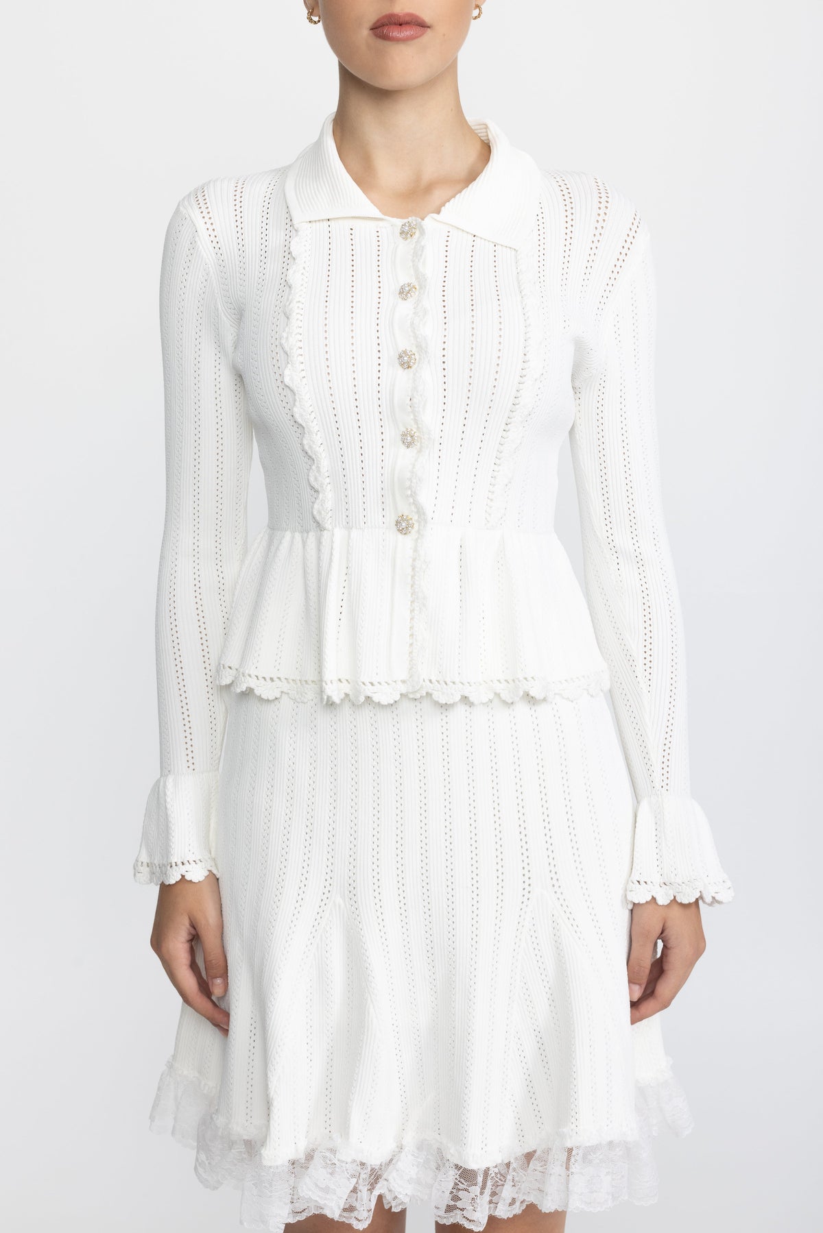 Pointelle Knit Peplum Cardigan and Lace Hem Skirt Co-ord Set - White