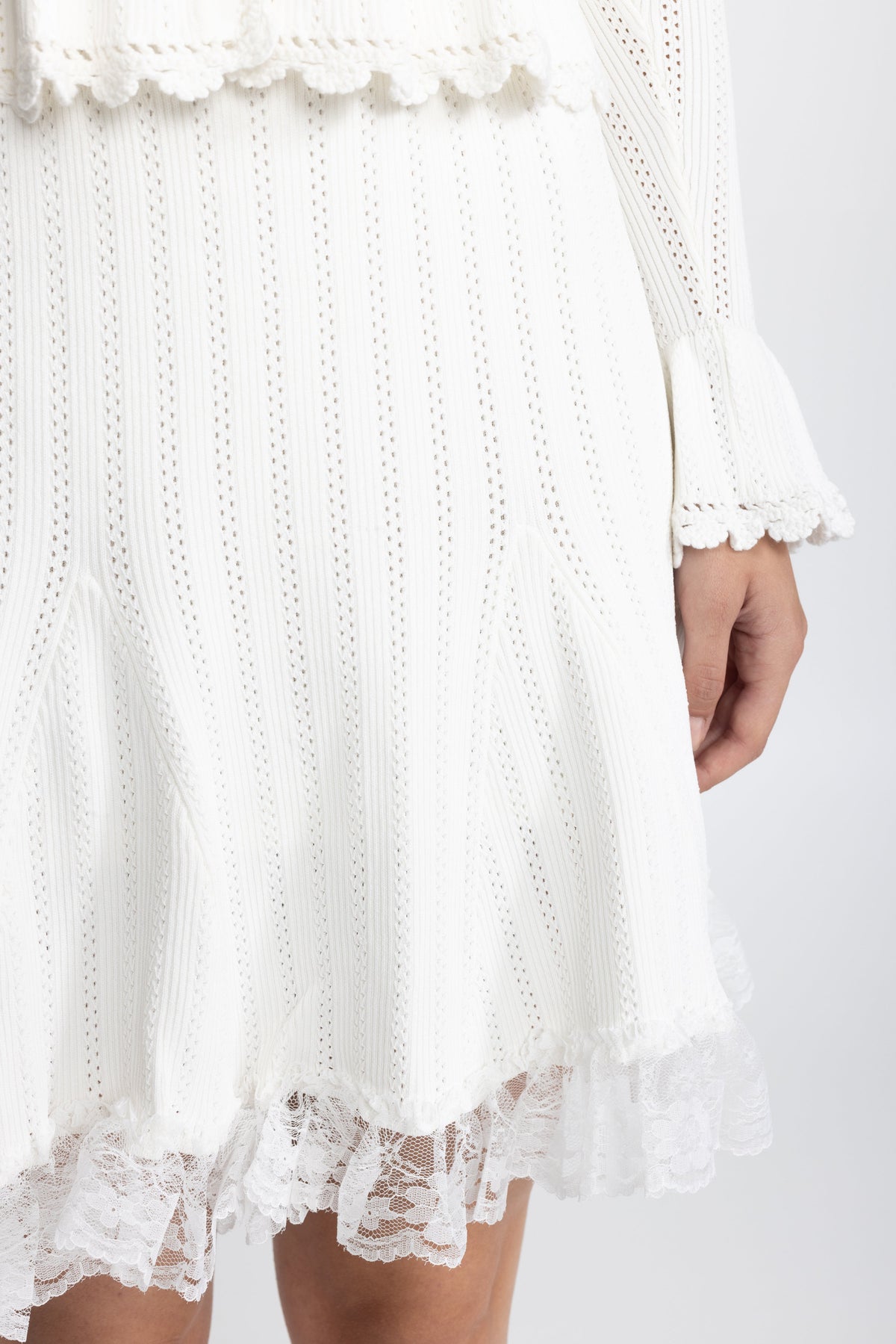 Pointelle Knit Peplum Cardigan and Lace Hem Skirt Co-ord Set - White