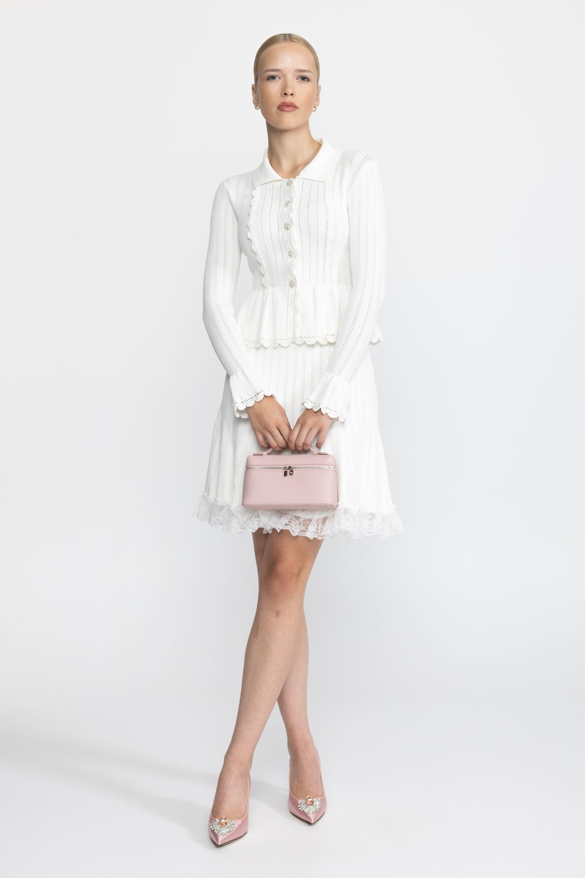 Pointelle Knit Peplum Cardigan and Lace Hem Skirt Co-ord Set - White