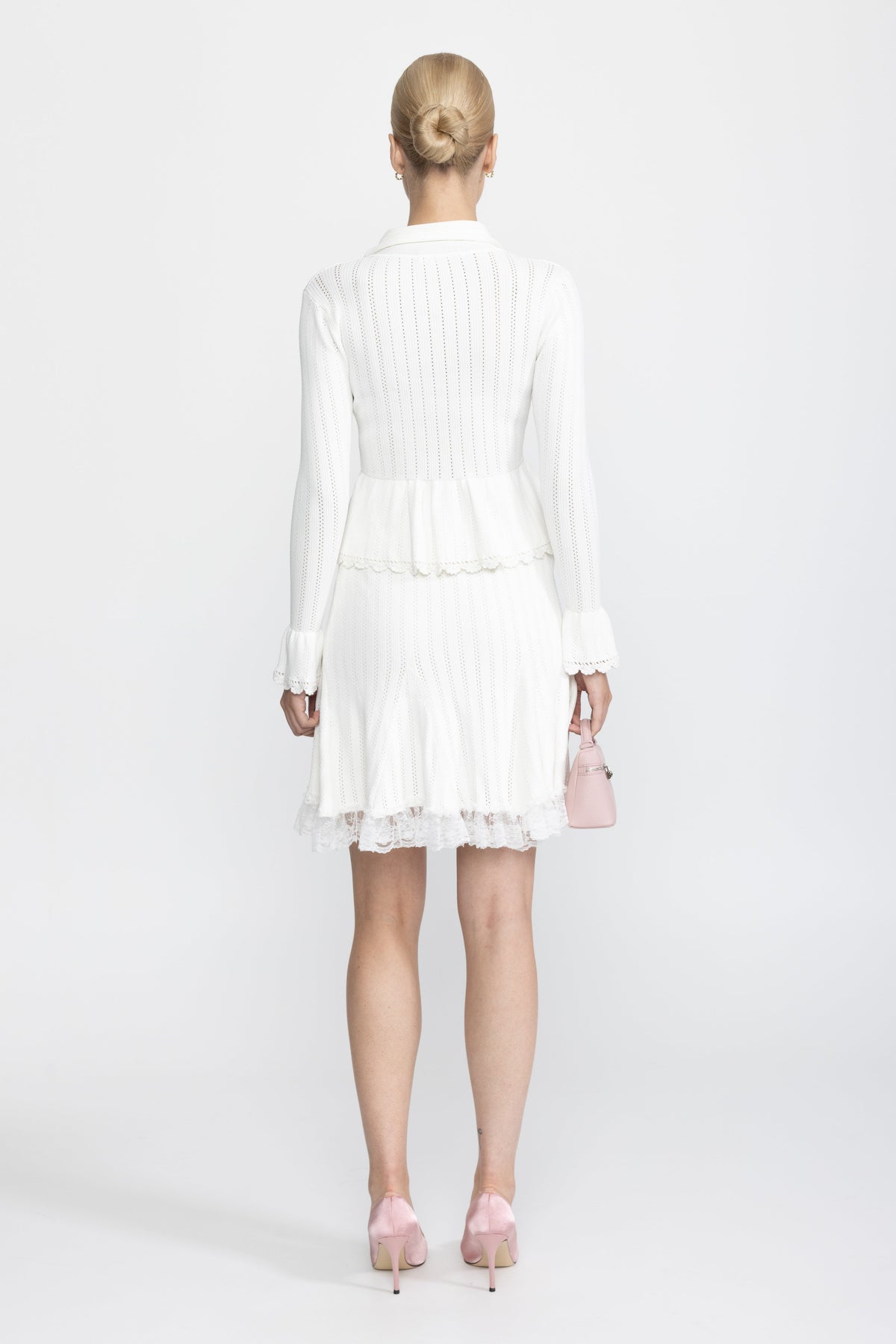 Pointelle Knit Peplum Cardigan and Lace Hem Skirt Co-ord Set - White