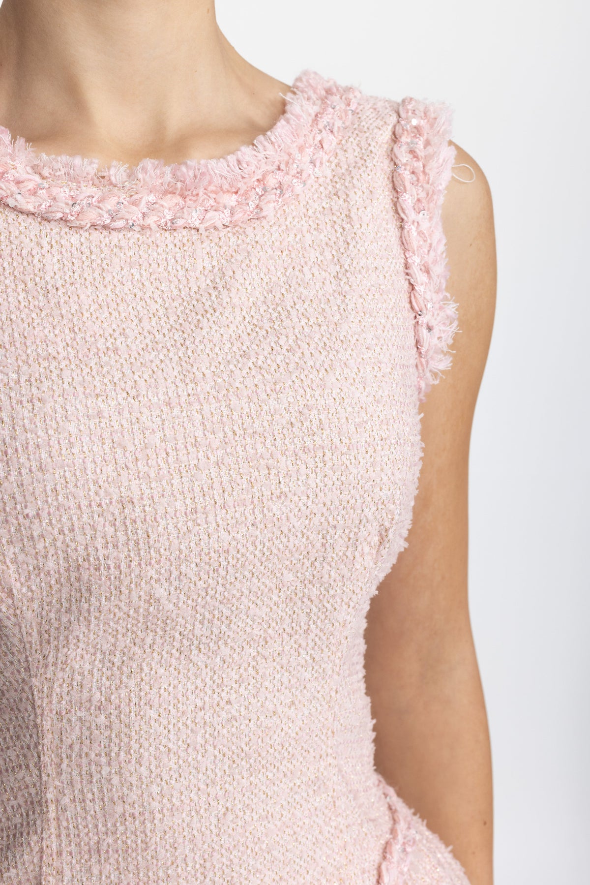 Frayed Trim Tweed Sculpted Mini Dress - Pink