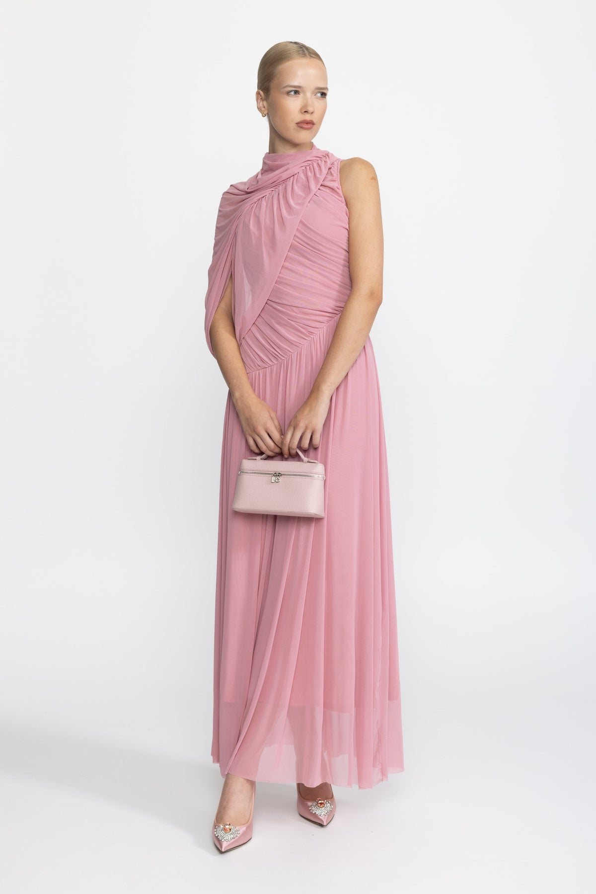 Draped Scarf Neck Mesh Maxi Dress - Pink