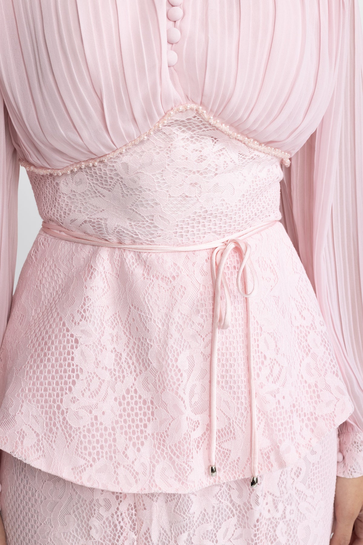 Pleated Chiffon Lace Peplum Blouse and Maxi Skirt Set - Pink