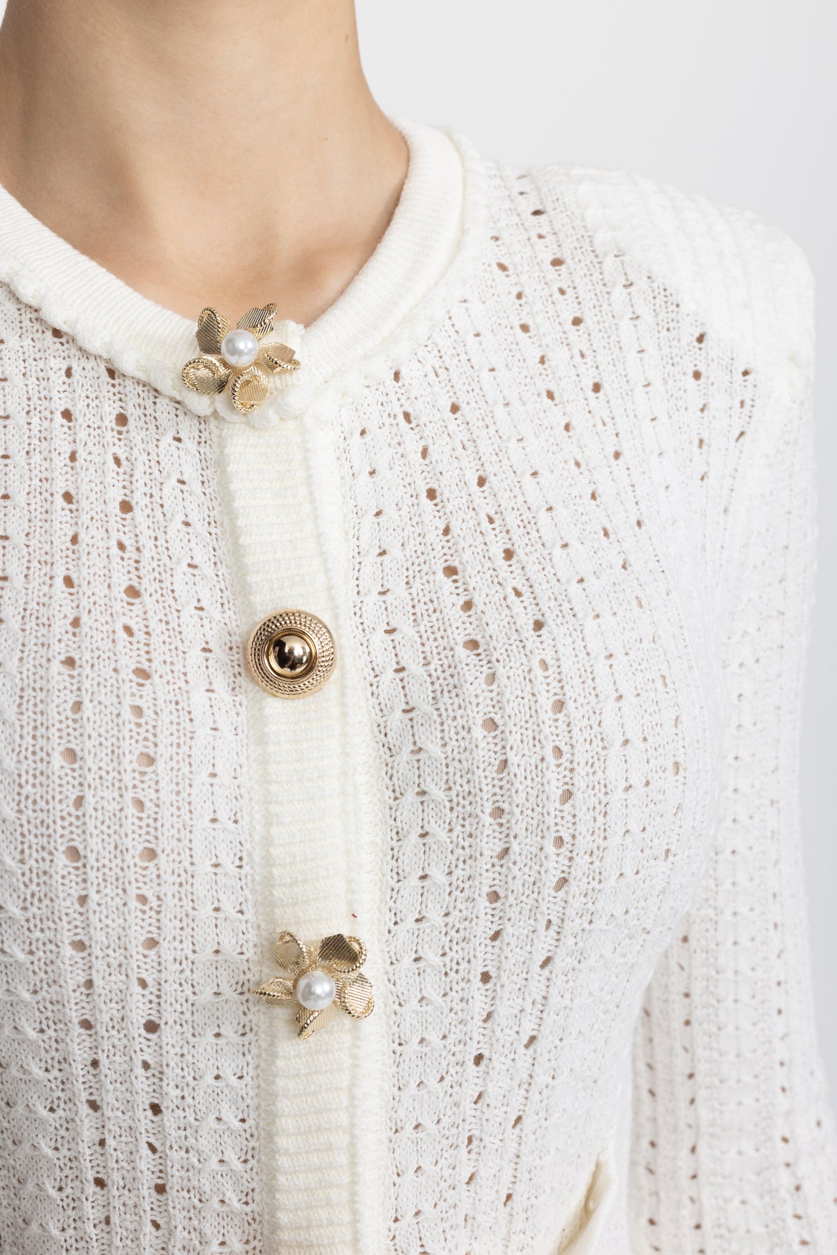 Pointelle Knit Peplum Mini Dress with Pearl Flower Buttons - White