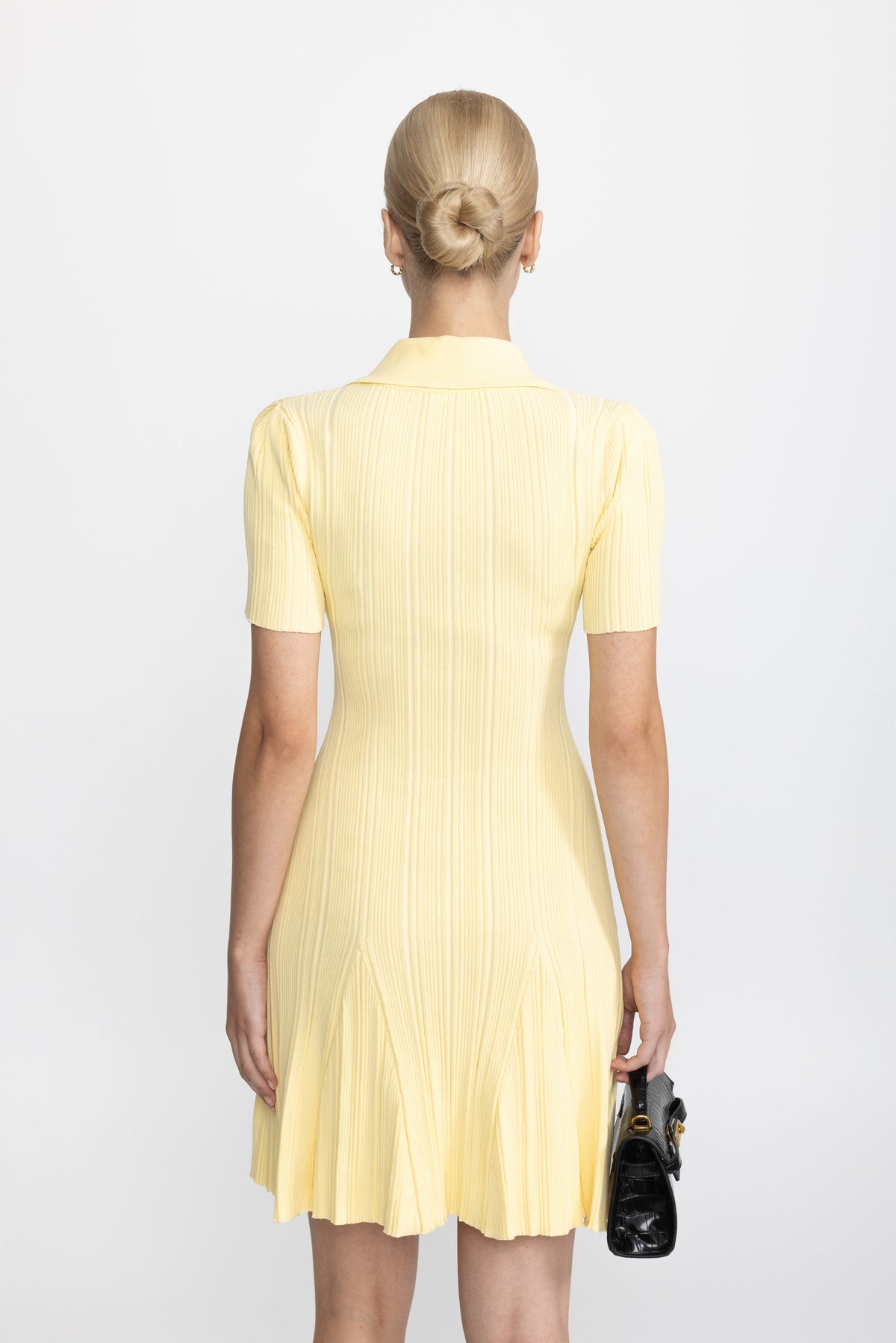 Polo Collar Rib Knit Mini Dress with Gold Buttons - Yellow