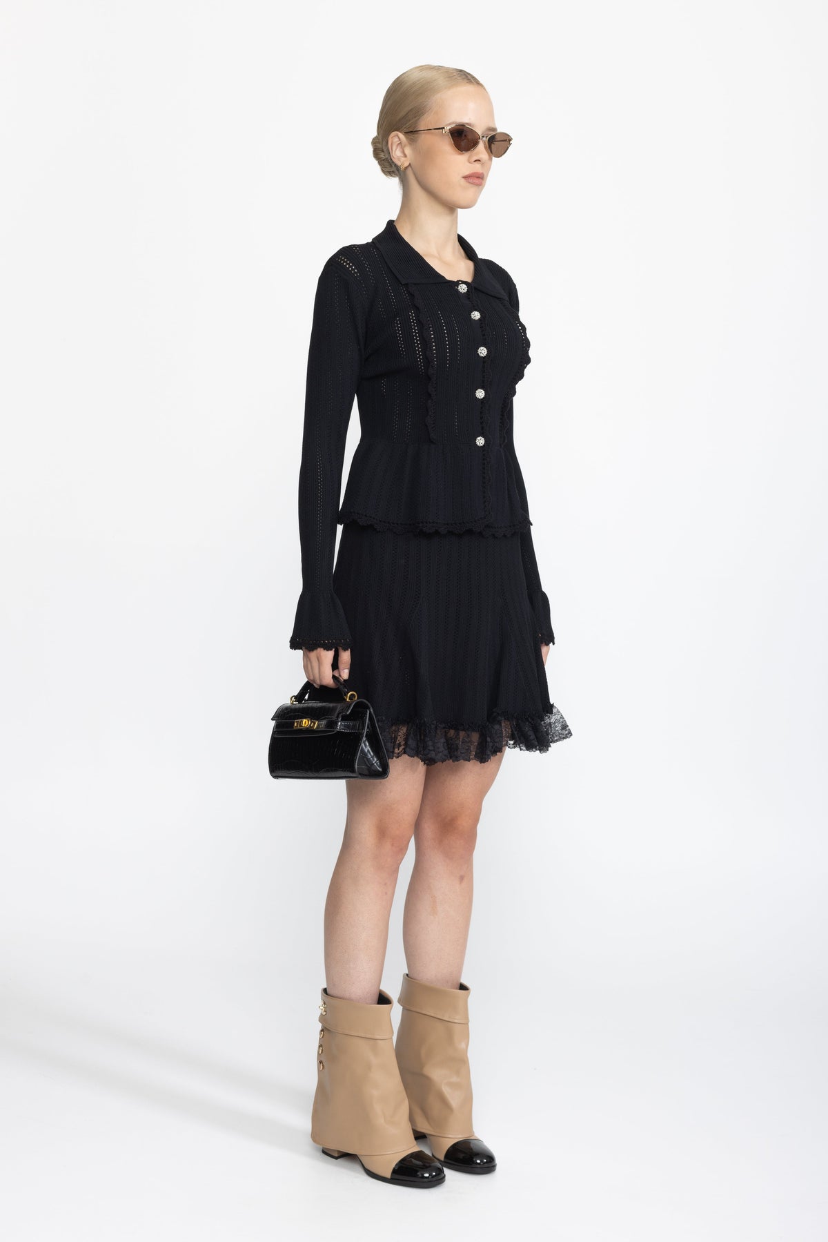 Pointelle Knit Peplum Cardigan and Lace Hem Skirt Co-ord Set - Black