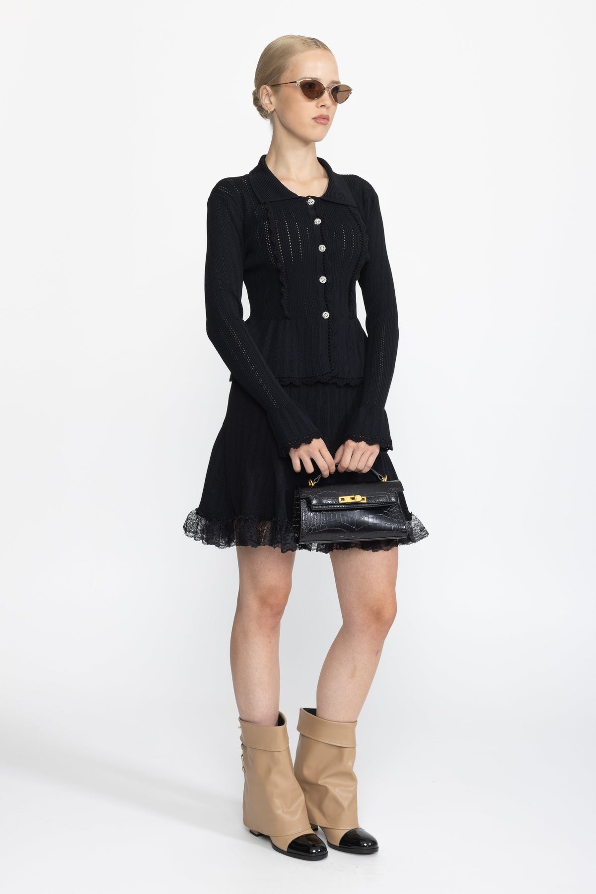 Pointelle Knit Peplum Cardigan and Lace Hem Skirt Co-ord Set - Black
