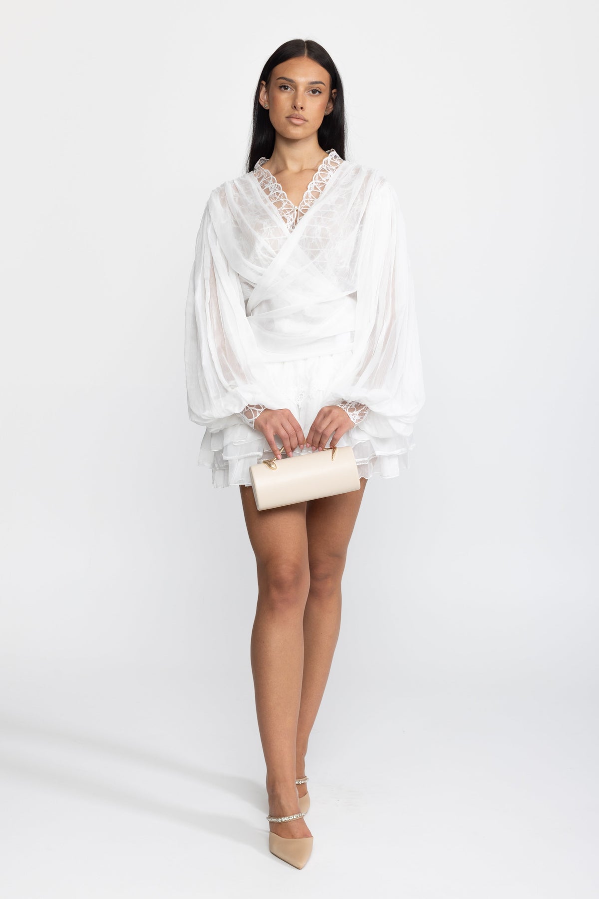 Lace Inset Chiffon Wrap Blouse and Ruffle Mini Skirt Co-ord Set - White