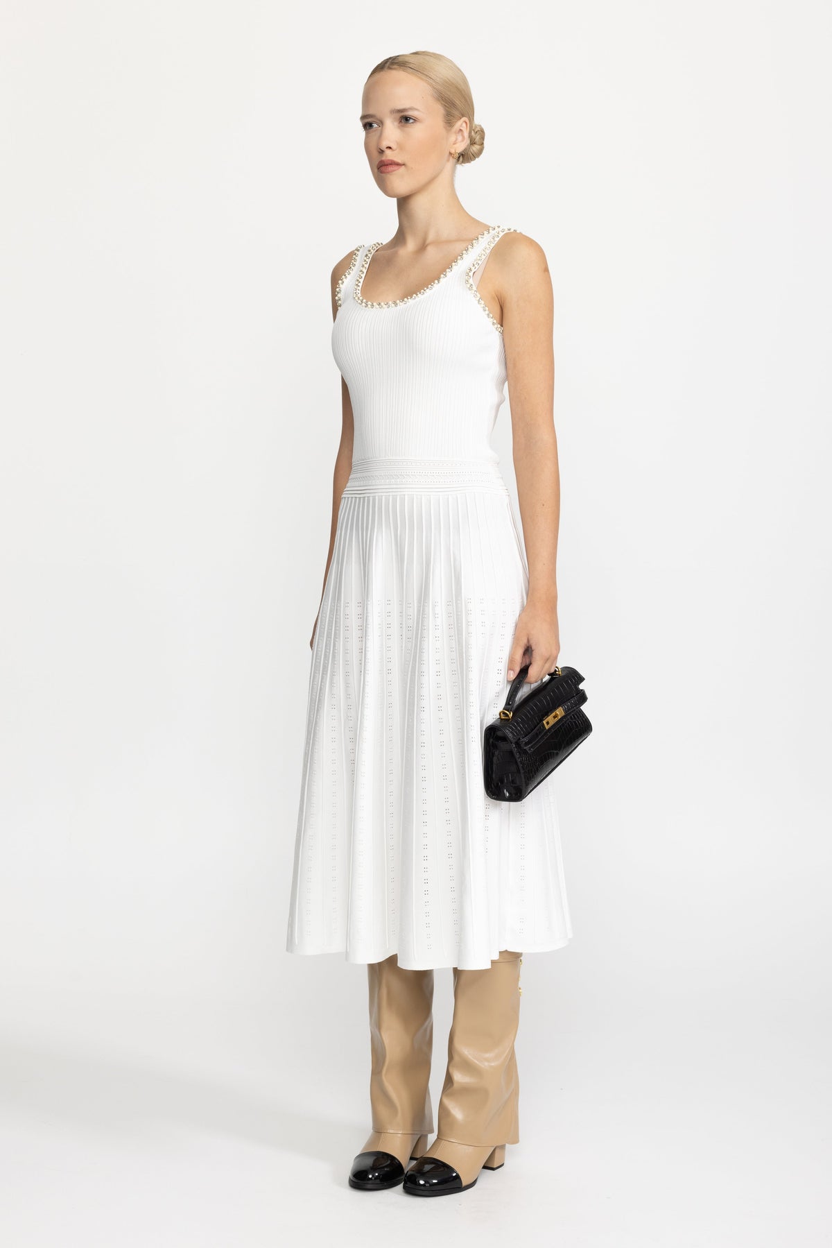 Pearl Trim Knit Tank Midi Dress and Bolero Set - White