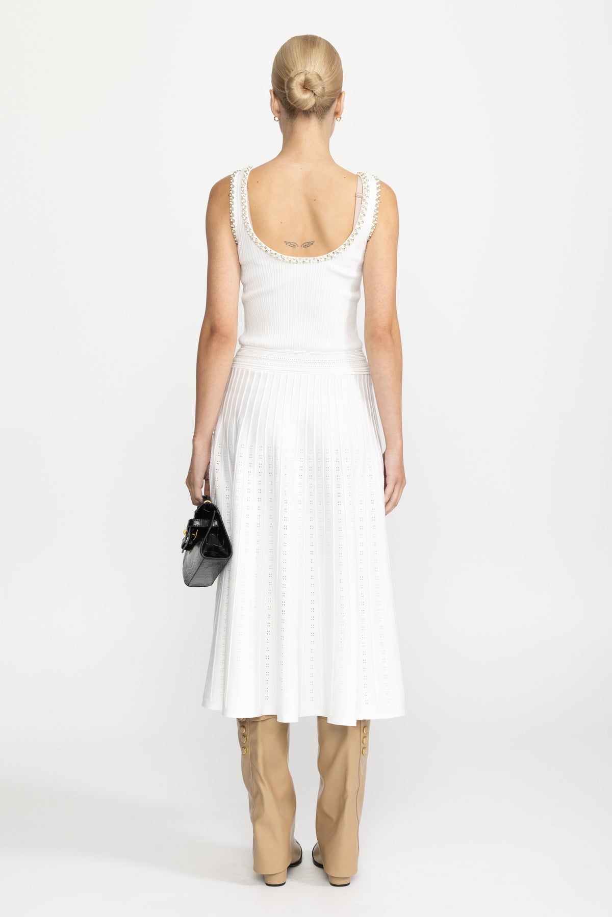 Pearl Trim Knit Tank Midi Dress and Bolero Set - White