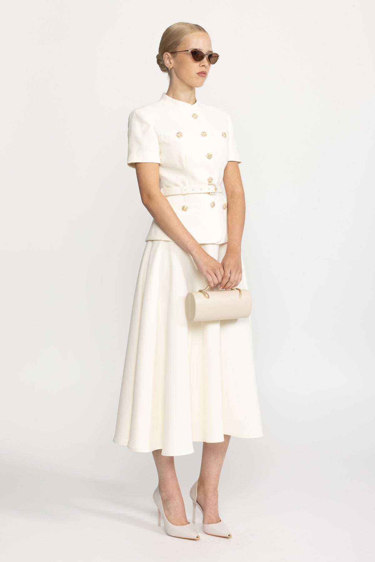 Belted Button Jacket and A-Line Midi Skirt Co-ord Set - Ivoire