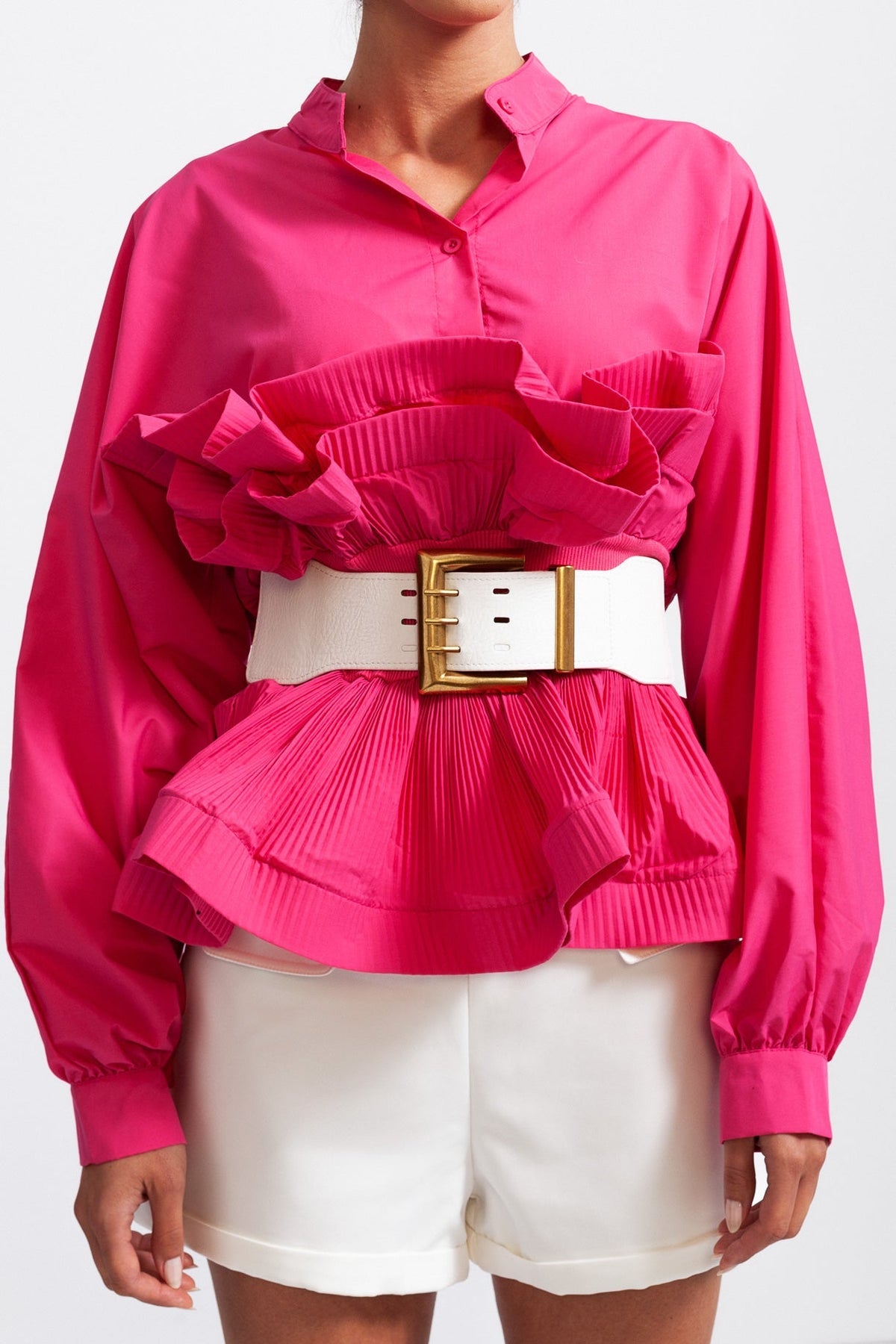 Ruffle Shirt with Massive Belt - Fuchsia