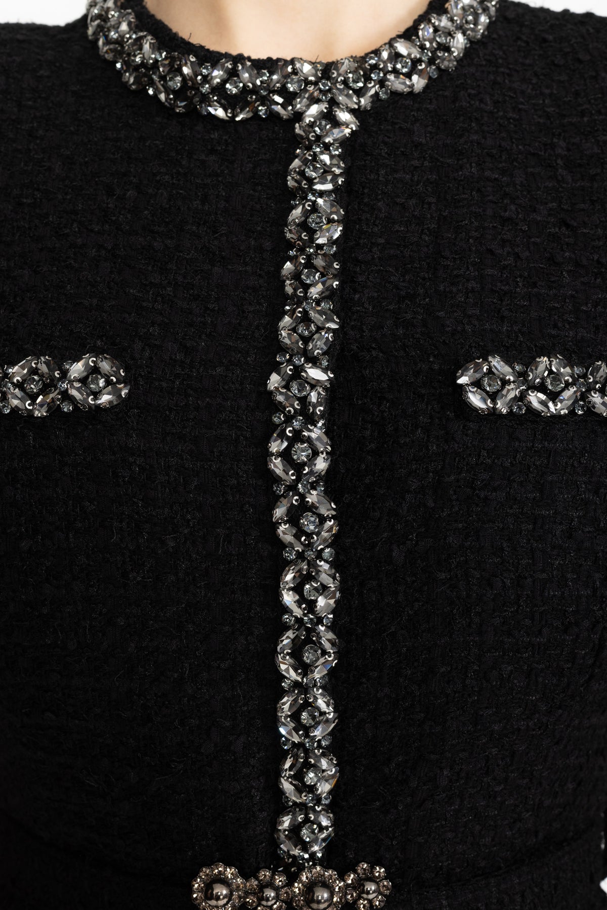 Crystal Trim Tweed and Satin Peplum Midi Dress - Black