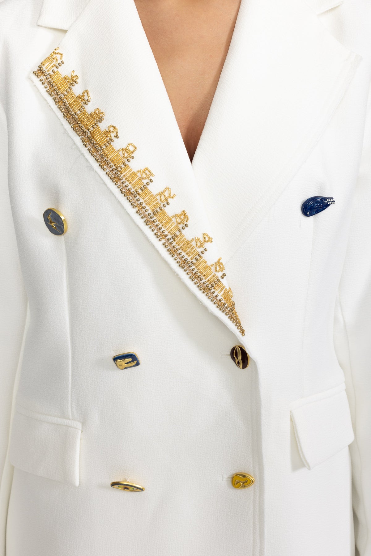 Pénélope White Embellished Lapel Double-Breasted Longline Coat