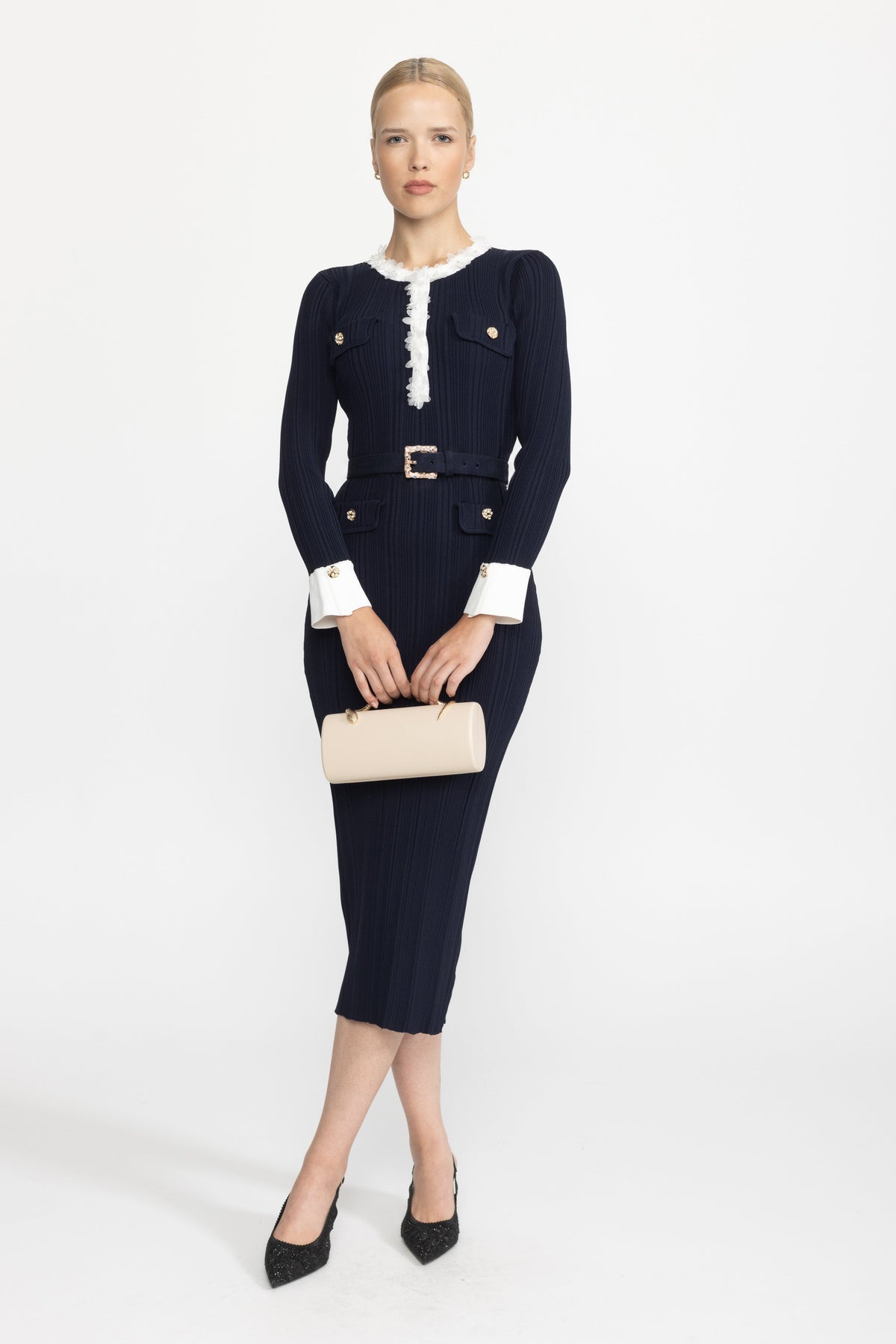 Albertine Navy Organza Ruffle Trim Rib Knit Belted Midi Dress
