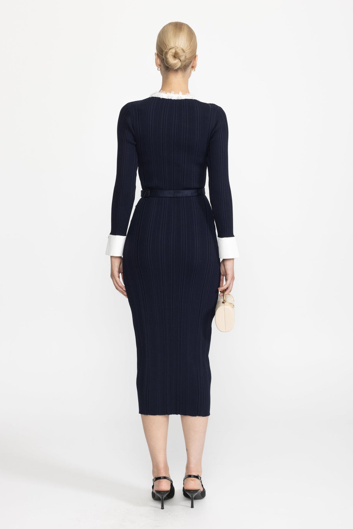 Albertine Navy Organza Ruffle Trim Rib Knit Belted Midi Dress