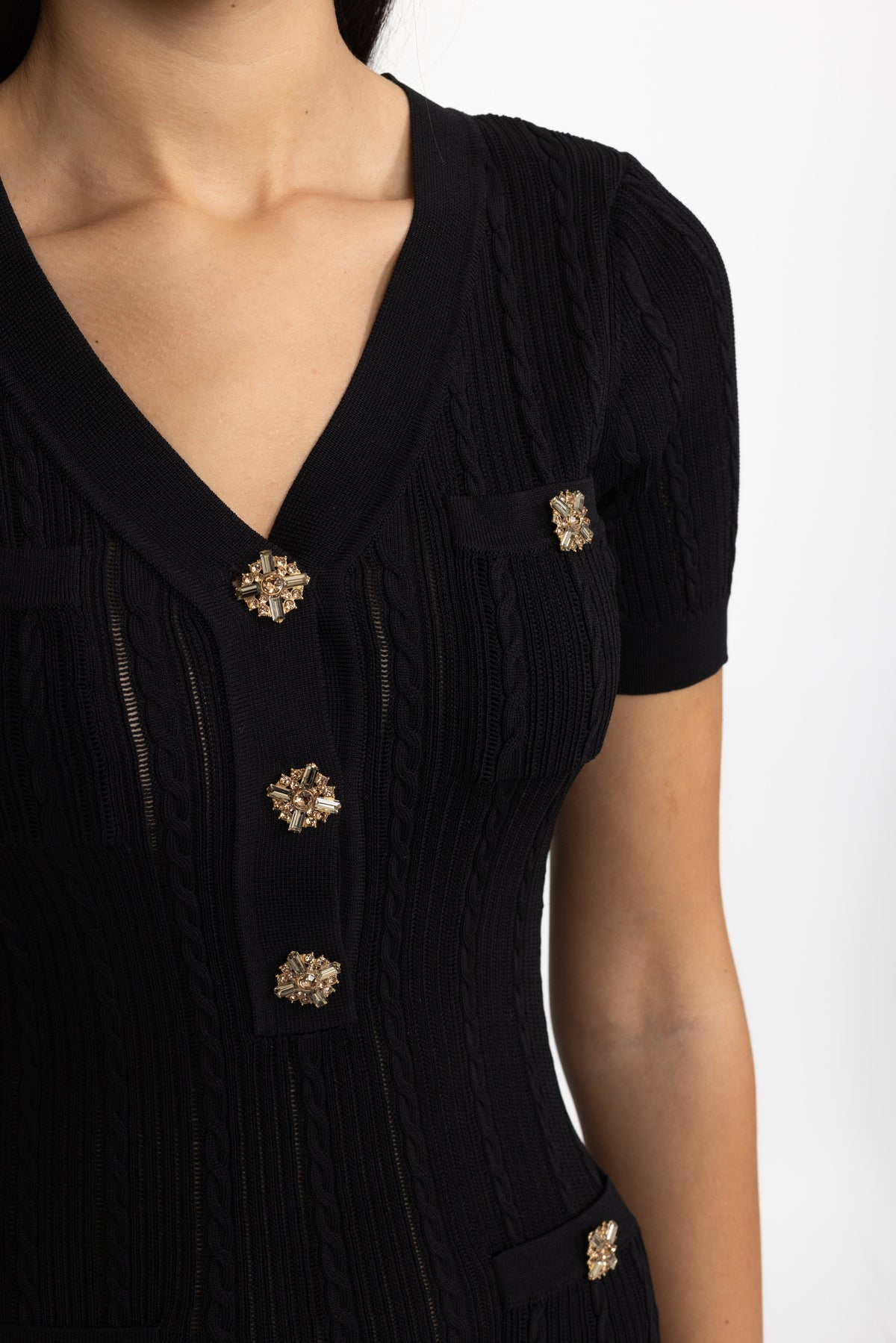 Clémence Black Cable Knit Jewel-Button Midi Dress