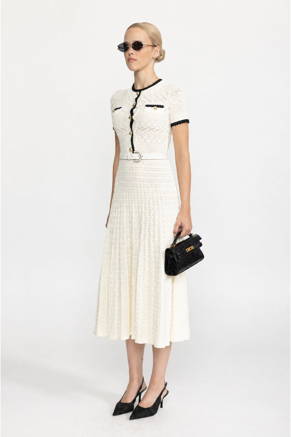 Eugénie Ivoire Pointelle Knit Belted Midi Dress